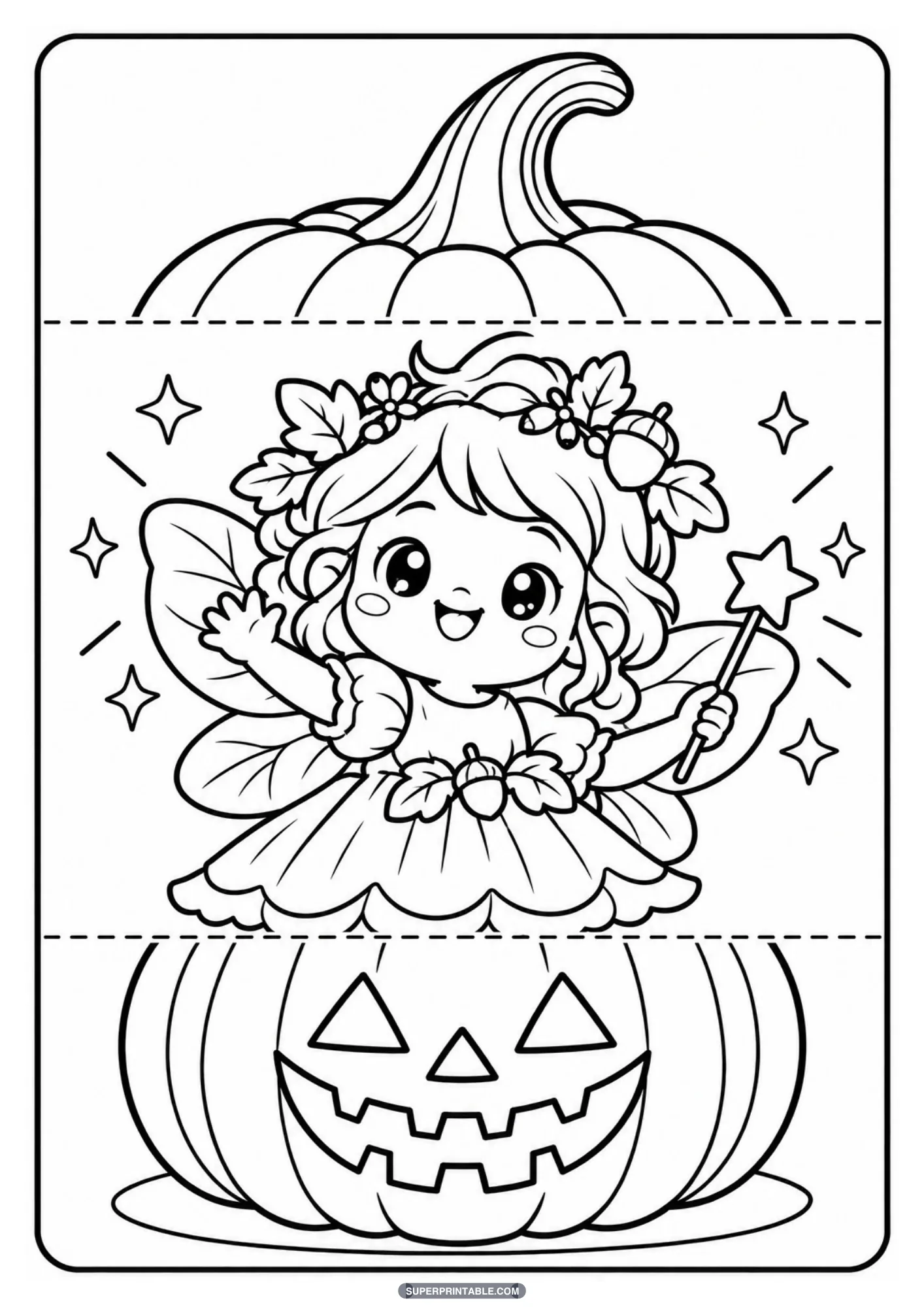 Lovely autumn fairy with acorn leaf crown and wings revealed inside a folding pumpkin craft