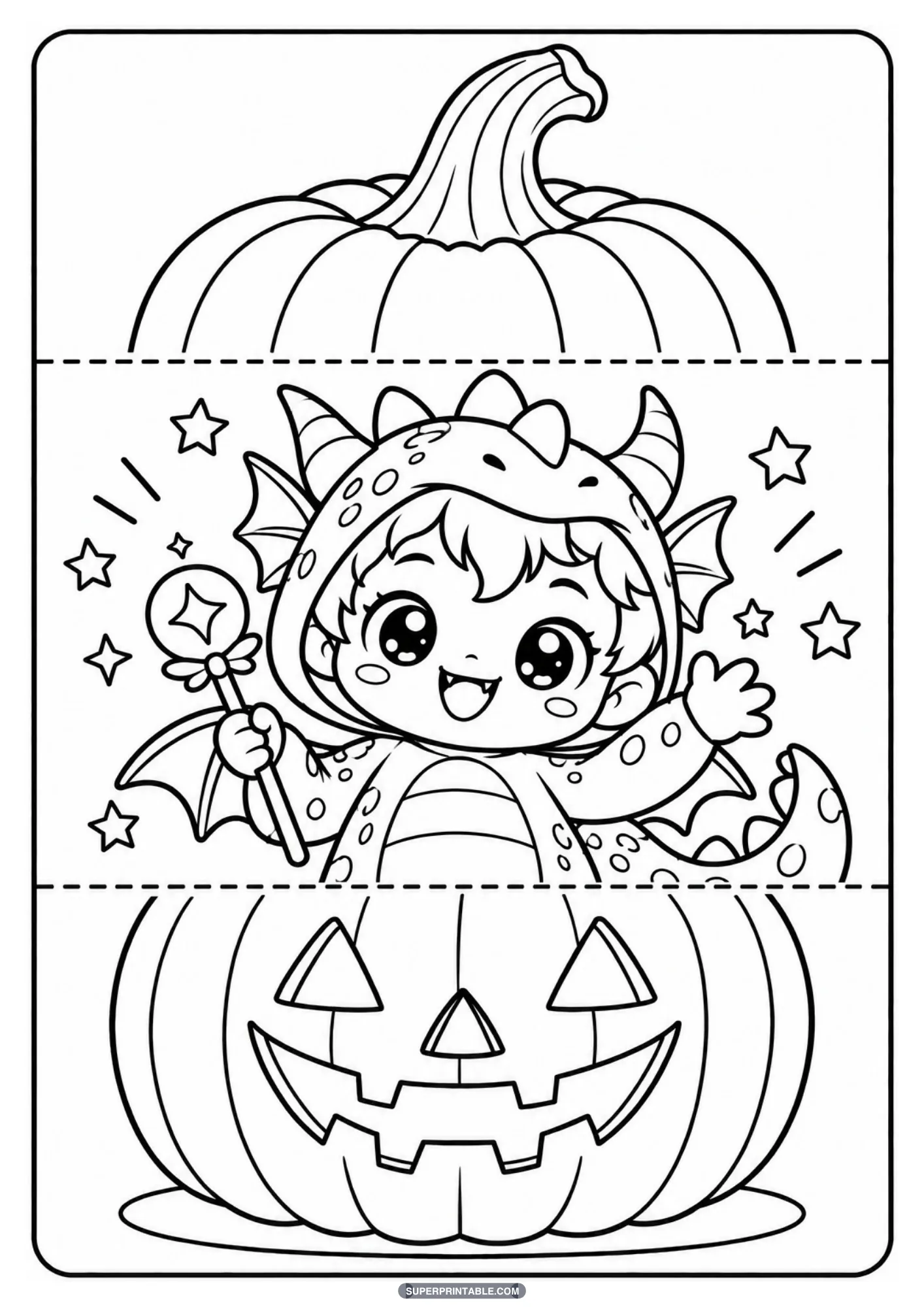 Toddler in a baby dragon costume holding a magic wand inside a folding pumpkin printable