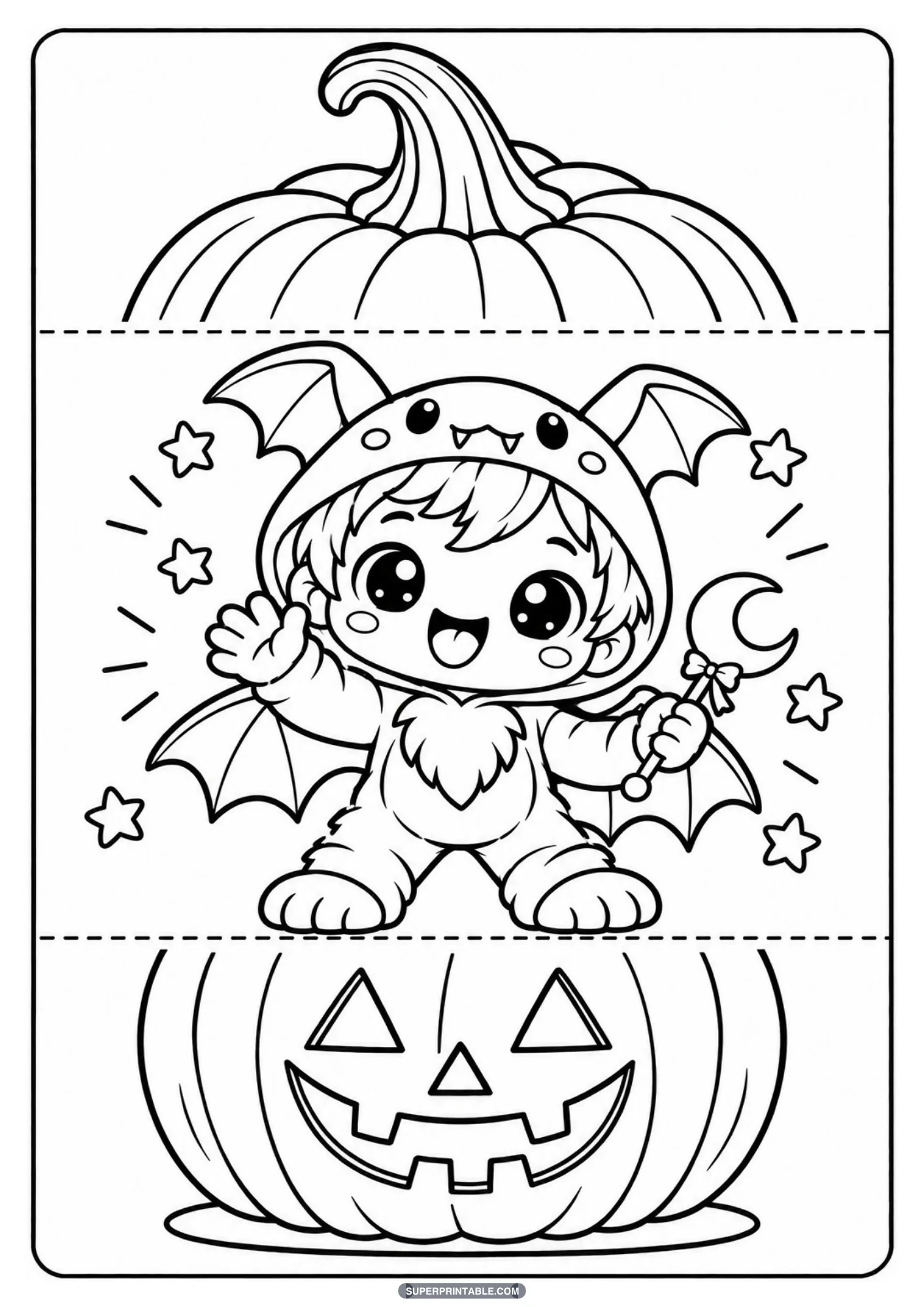 Cute child dressed in a winged bat costume holding a moon wand inside a folding pumpkin