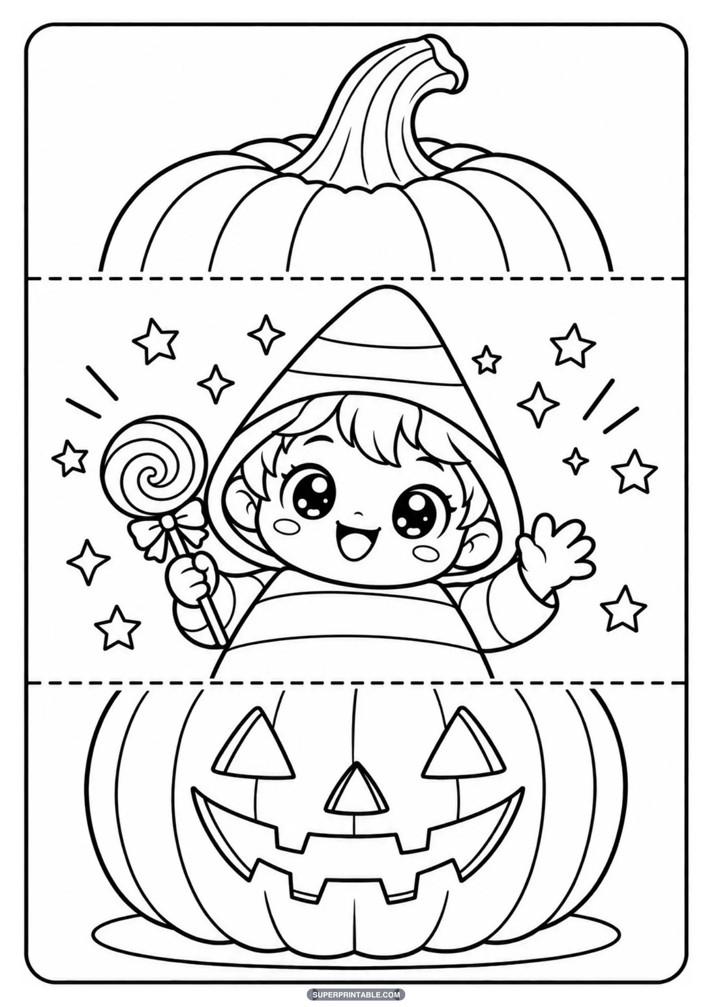 Cute child in a striped candy corn outfit holding a swirl lollipop in a folding craft