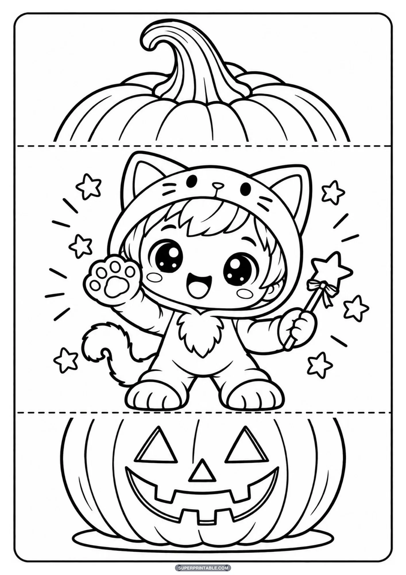 Cute child in a cat costume holding a star wand inside a folding pumpkin coloring sheet
