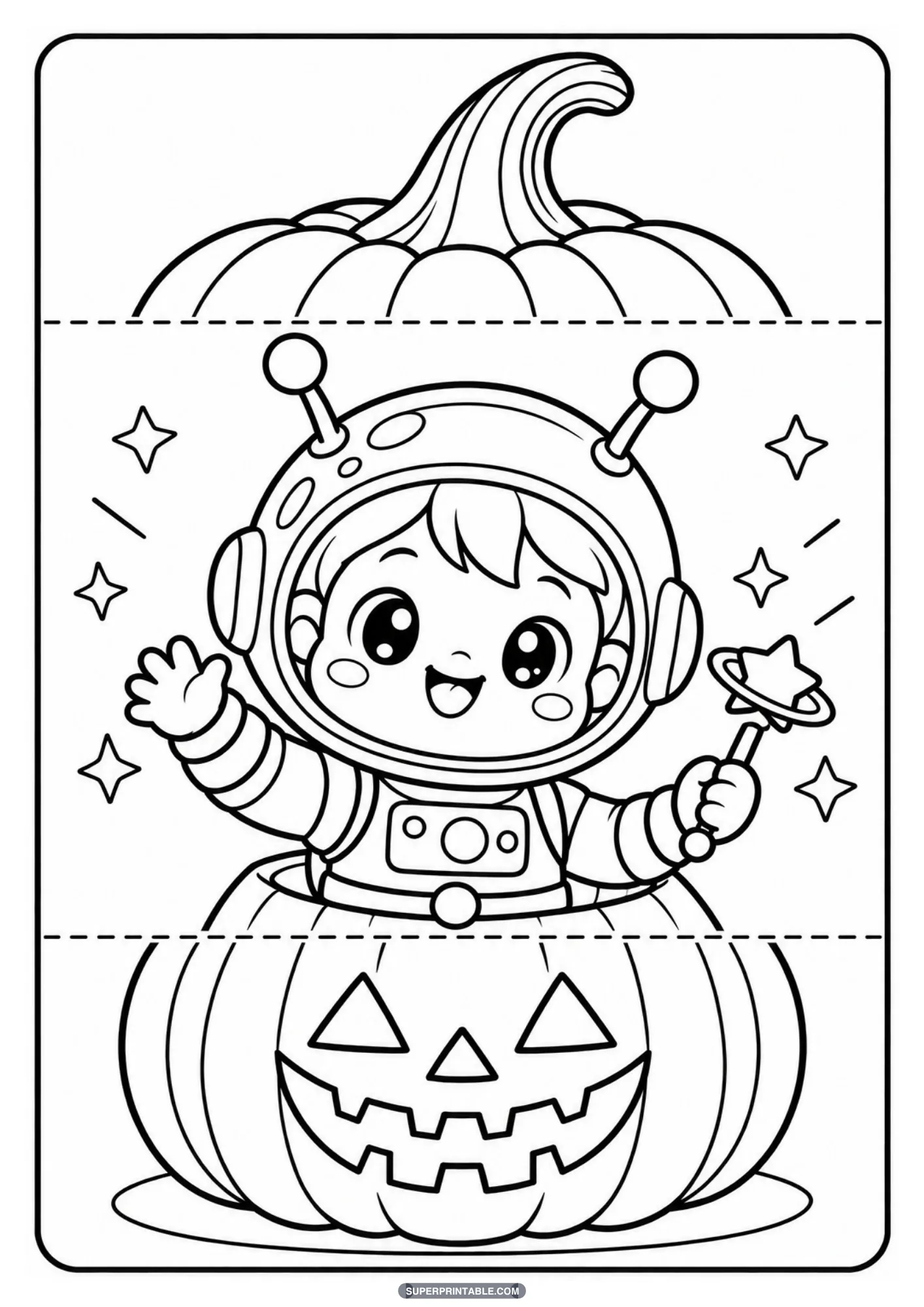 Happy child astronaut in a spacesuit and antenna helmet inside a folding pumpkin coloring page