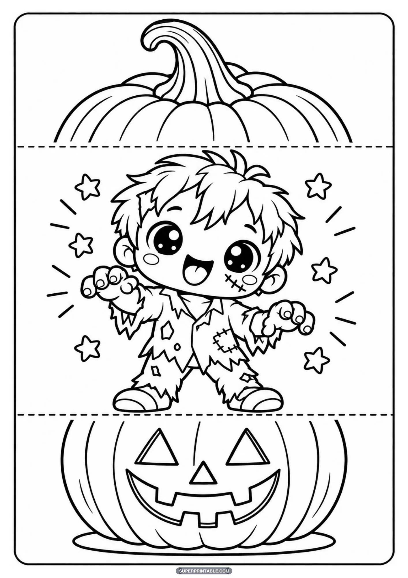 Friendly chibi zombie boy in tattered clothes waving inside a folding pumpkin paper craft