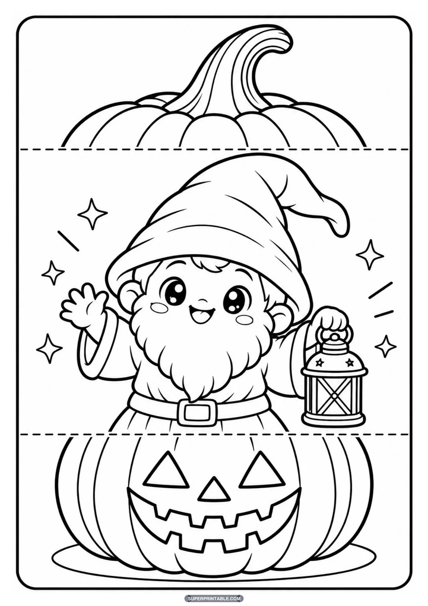 Friendly bearded garden gnome holding a glowing lantern inside a folding pumpkin sheet