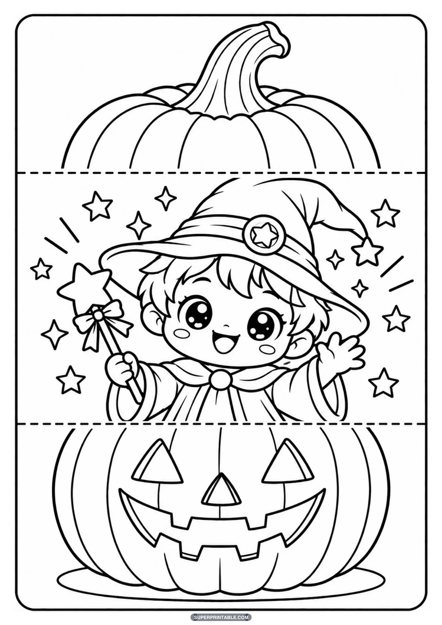 Little wizard in a pointed star hat and cape holding a magic wand in a folding pumpkin craft