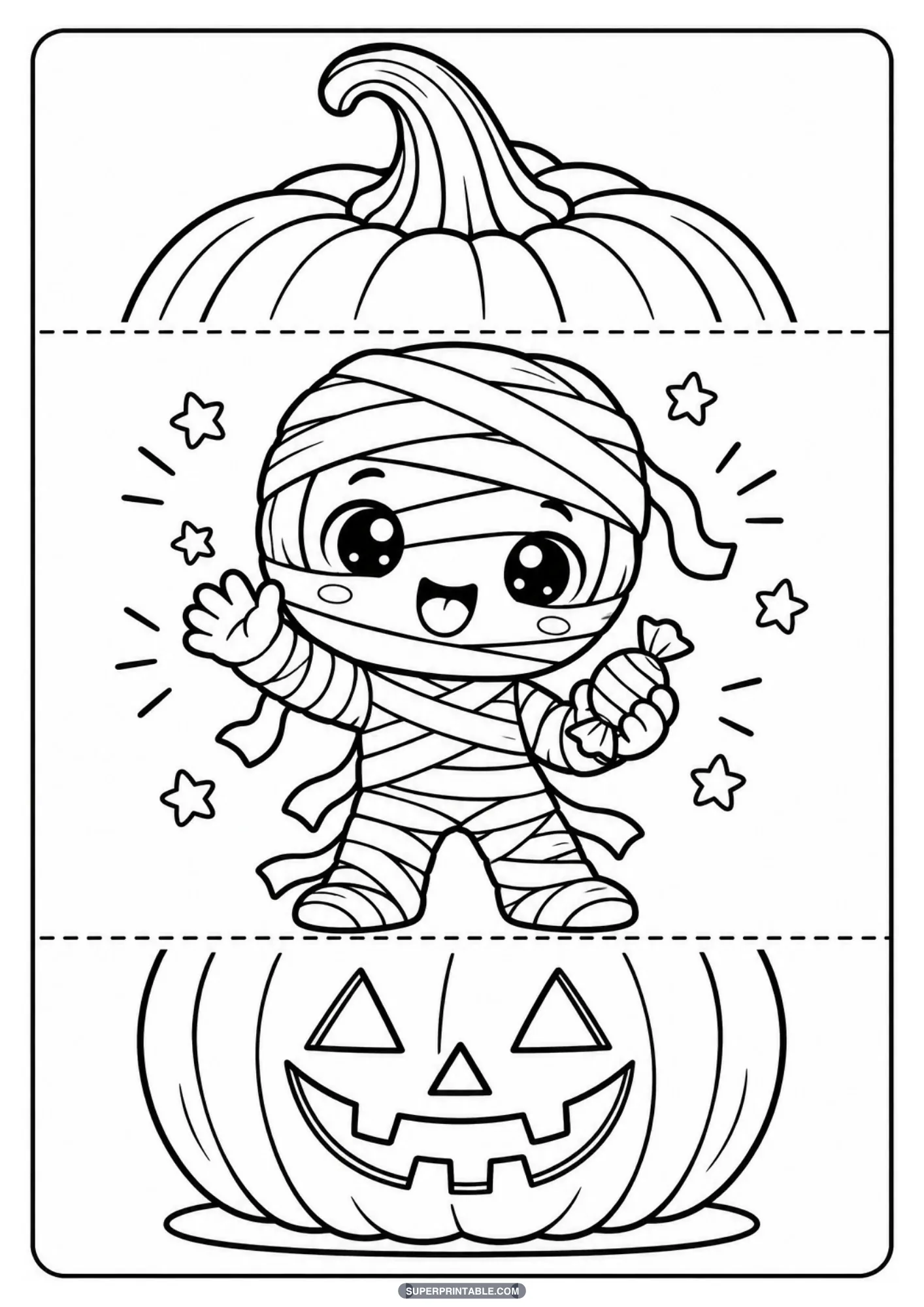 Halloween fold and reveal craft featuring a cute mummy popping out of a carved pumpkin