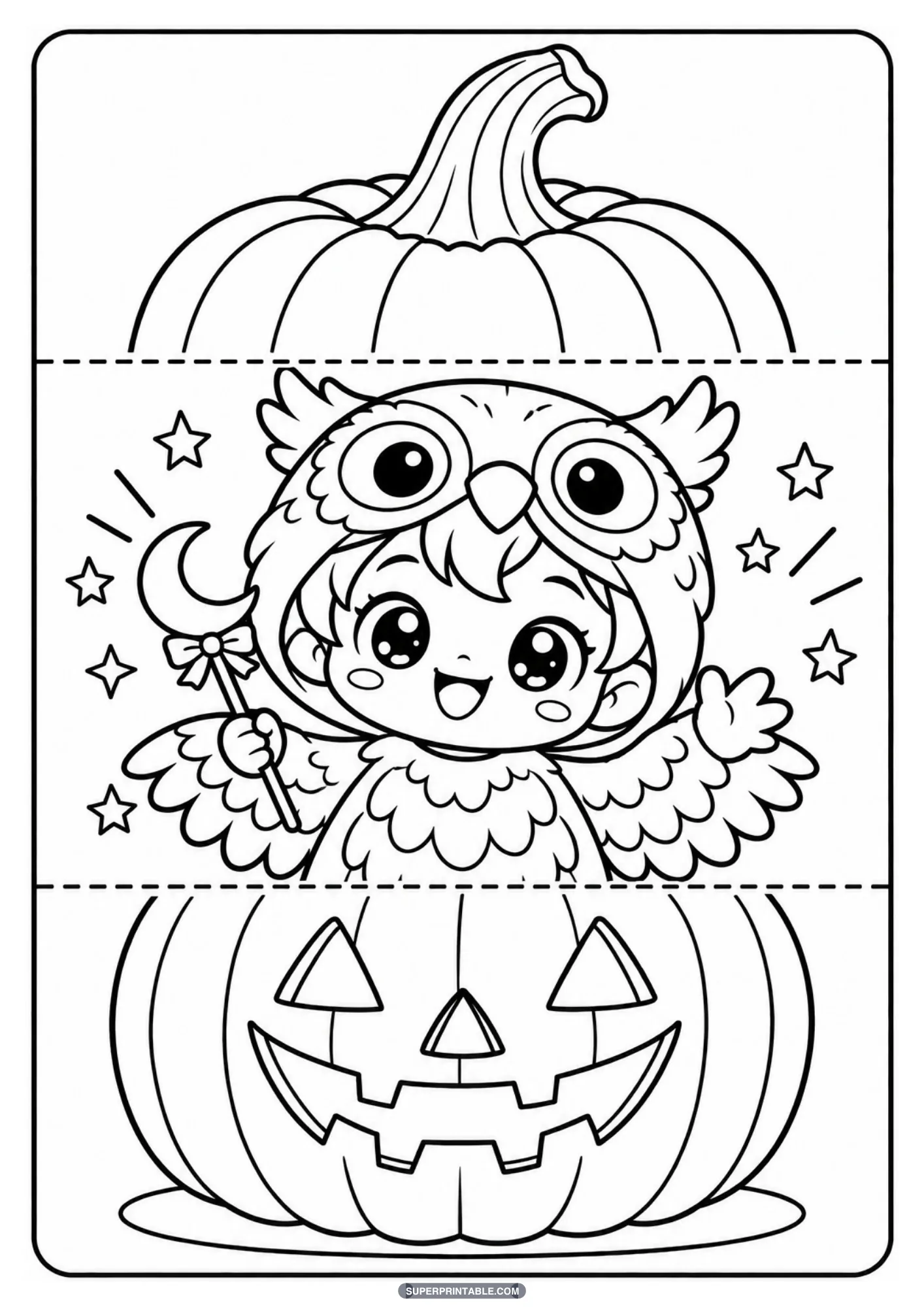 Child in an owl costume holding a crescent moon wand revealed inside a folding pumpkin