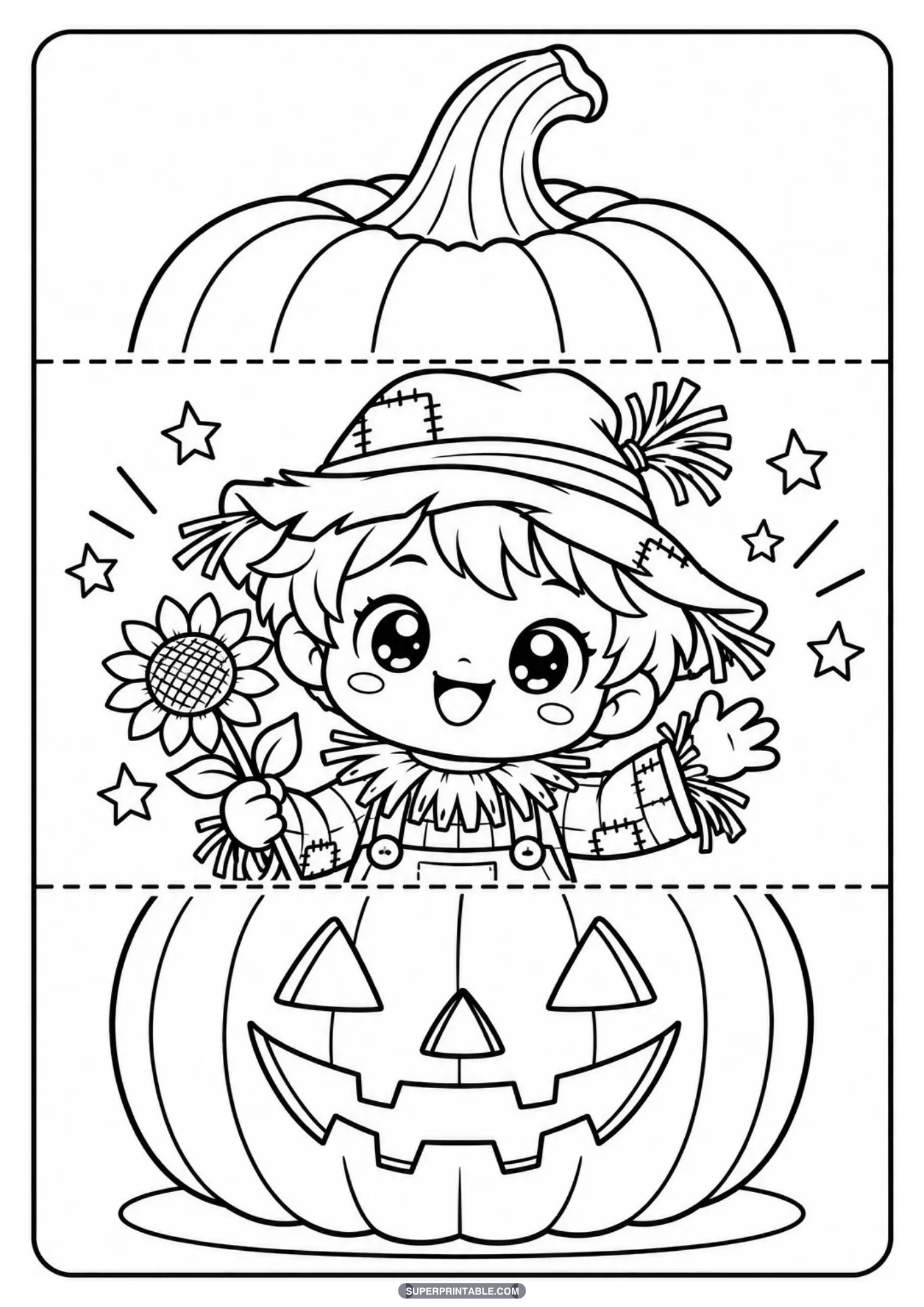 Smiling scarecrow child holding a sunflower hidden inside a folding pumpkin coloring page