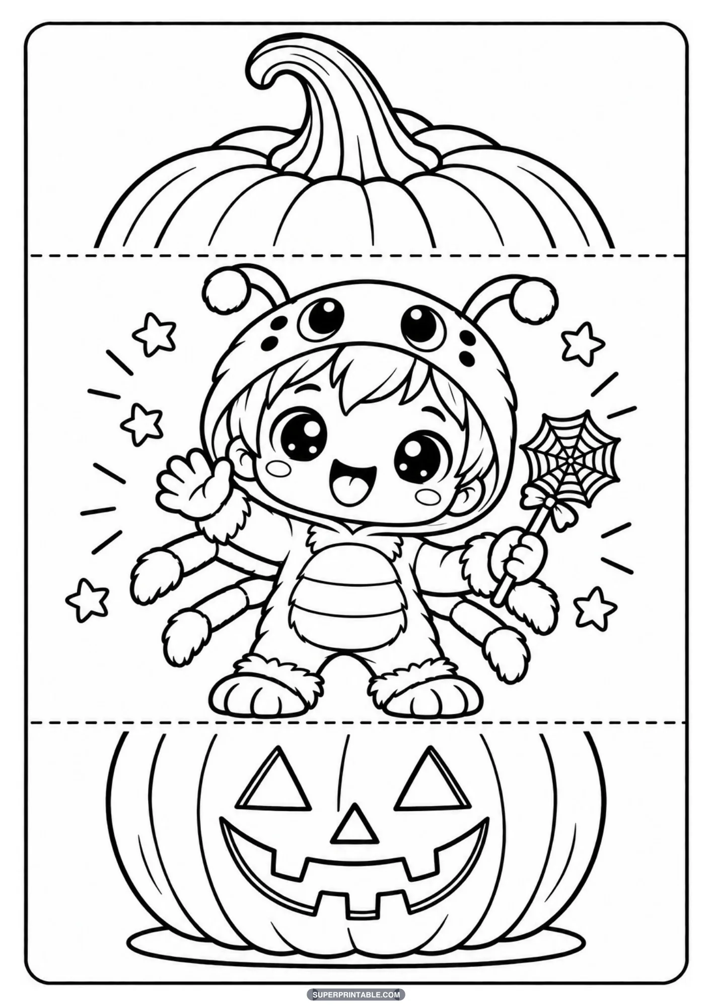 Cheerful toddler wearing a fluffy spider costume and holding a web wand in a folding craft