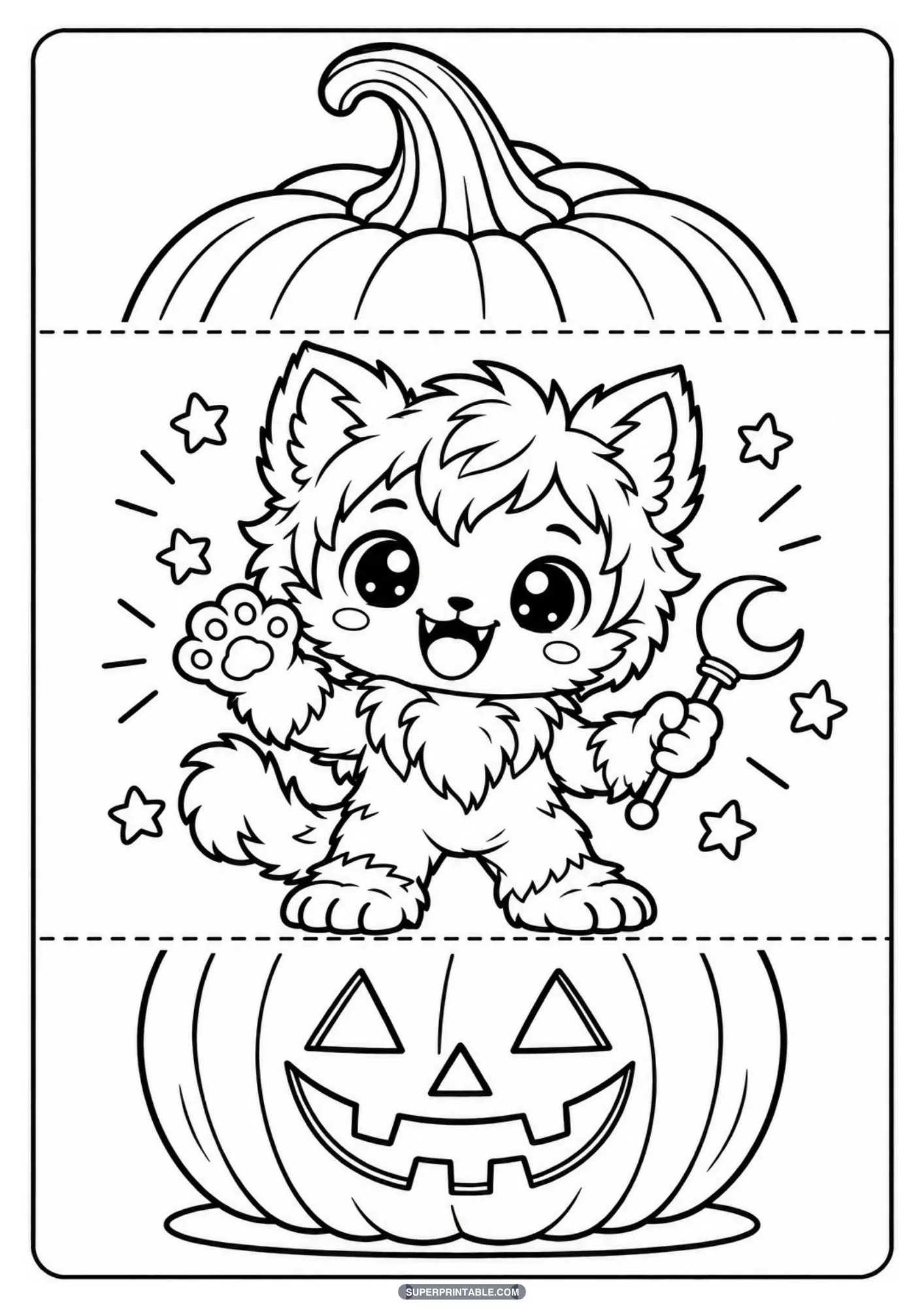 Adorable werewolf cub holding a crescent moon wand inside a folding Halloween pumpkin