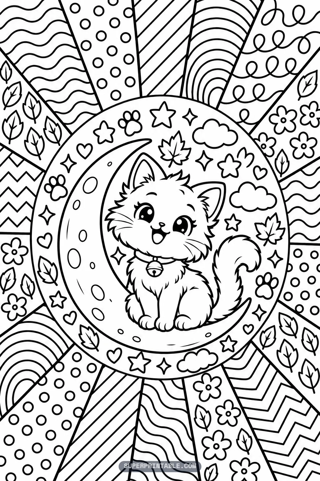 Fluffy kitten with collar bell sitting inside a crescent moon surrounded by playful star and foliage patterns