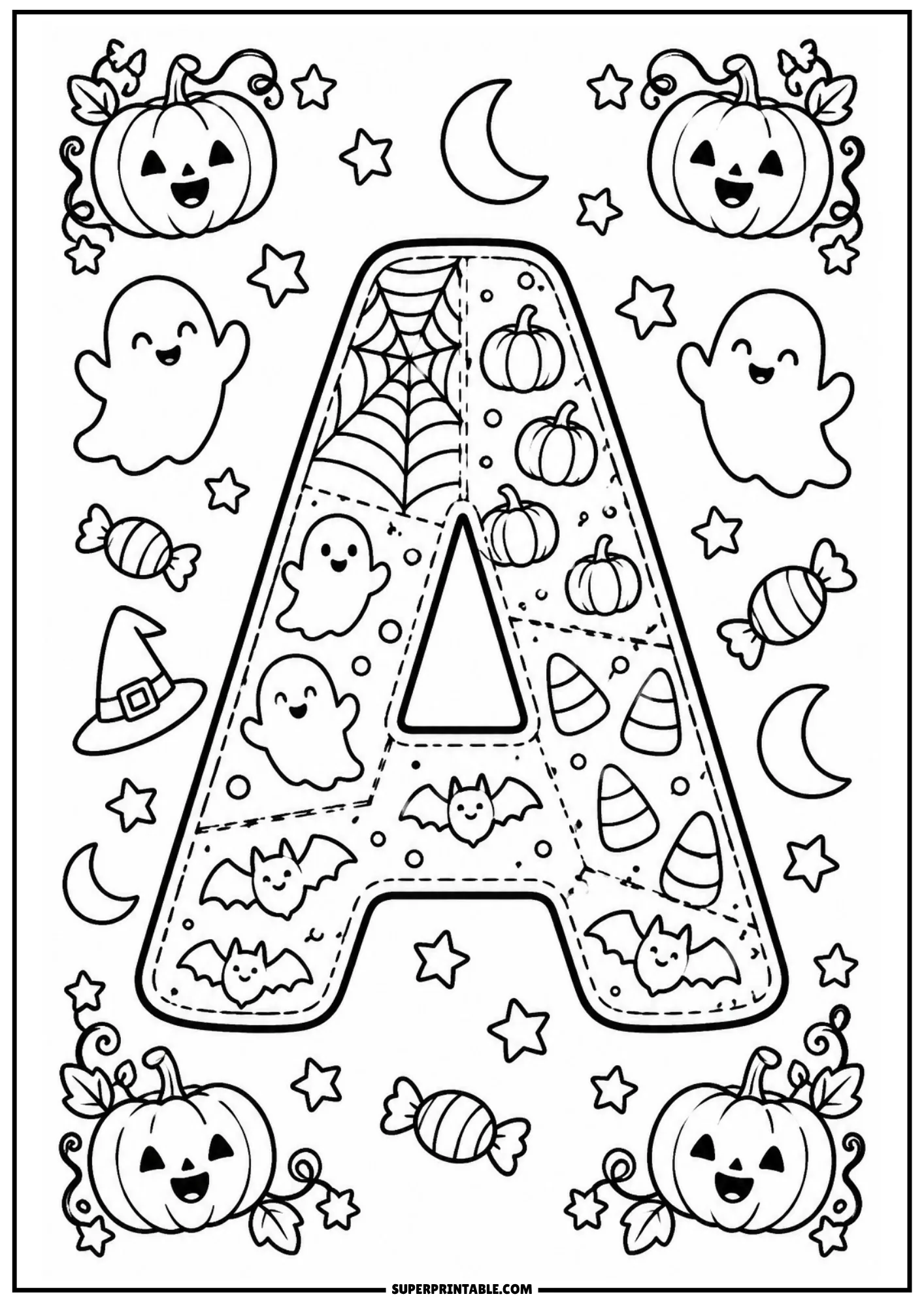 Printable halloween alphabet coloring pages featuring patchwork letter A with pumpkins and ghosts