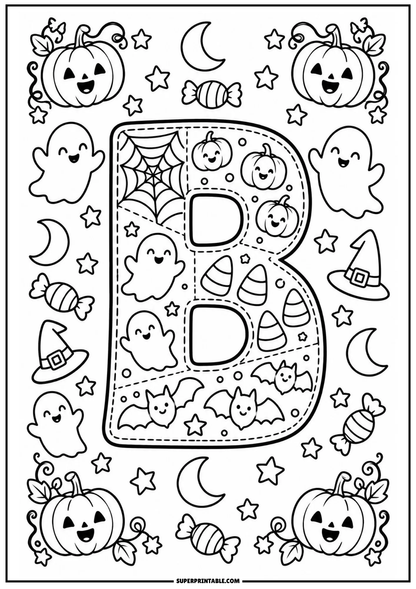 Patchwork letter B coloring sheet with smiling pumpkins, candy corn, bats, and ghosts