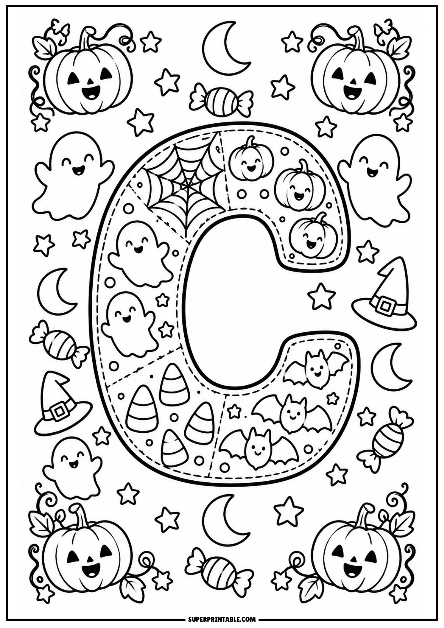 Halloween patchwork letter C coloring sheet decorated with cobwebs, ghosts, and candy corn