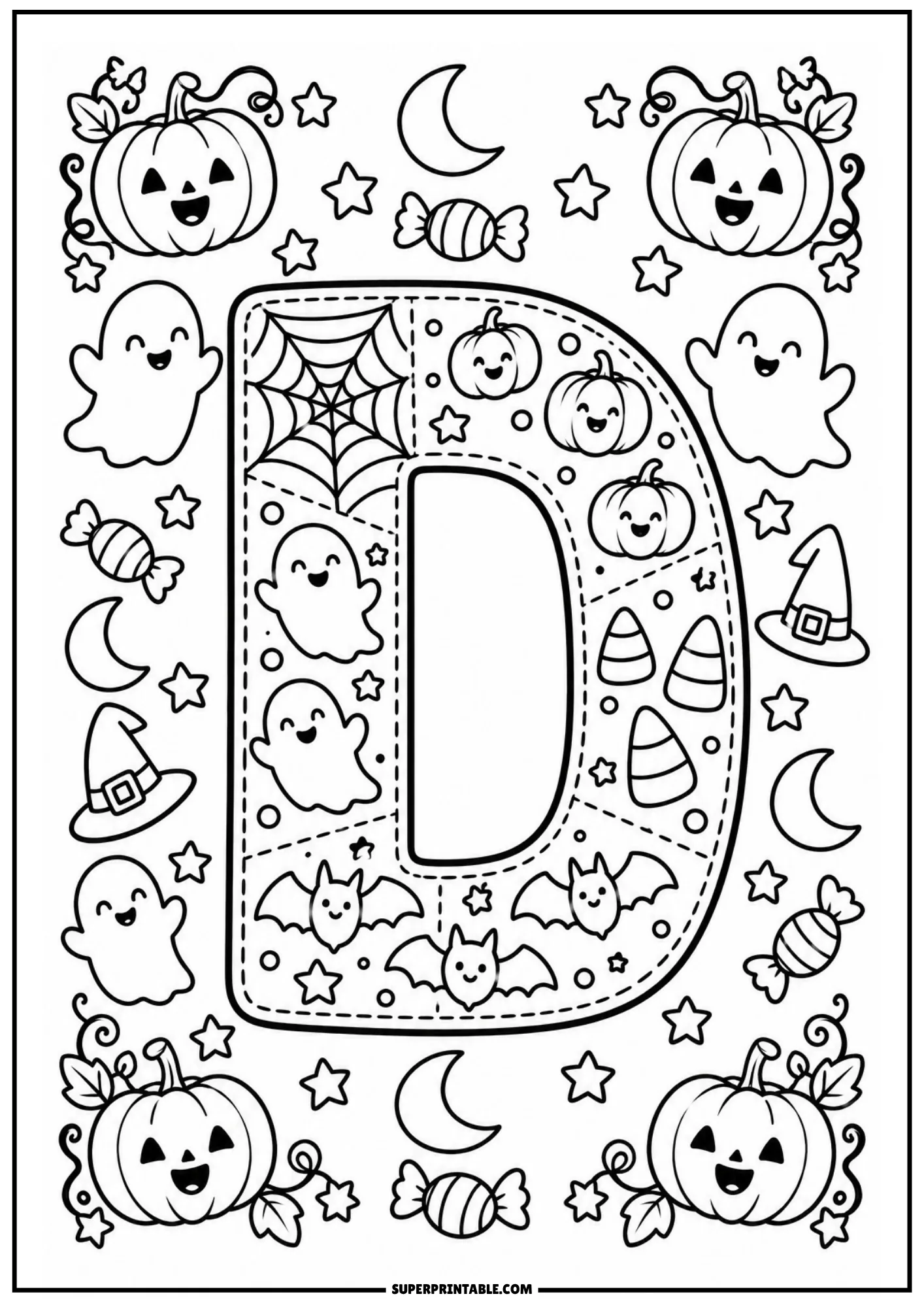 Patchwork letter D coloring page featuring stitched Halloween sections, bats, and pumpkins