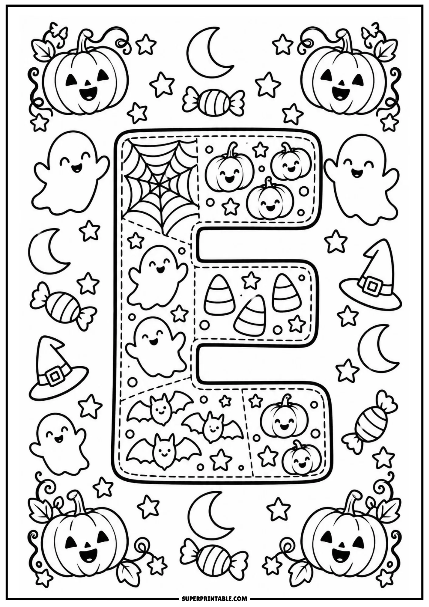 Stitched patchwork letter E coloring printable with playful bats, pumpkins, and ghosts