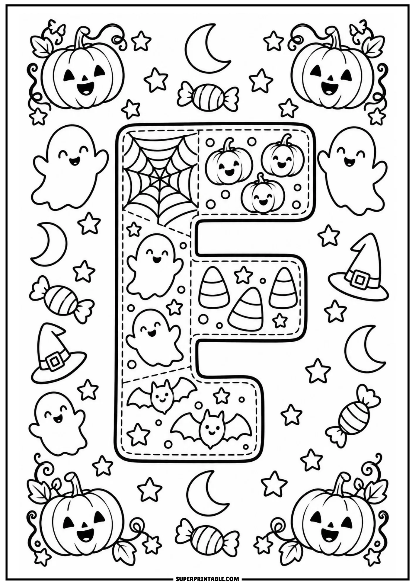 Patchwork letter F printable coloring page with cute ghosts, candy corn, and witch hats