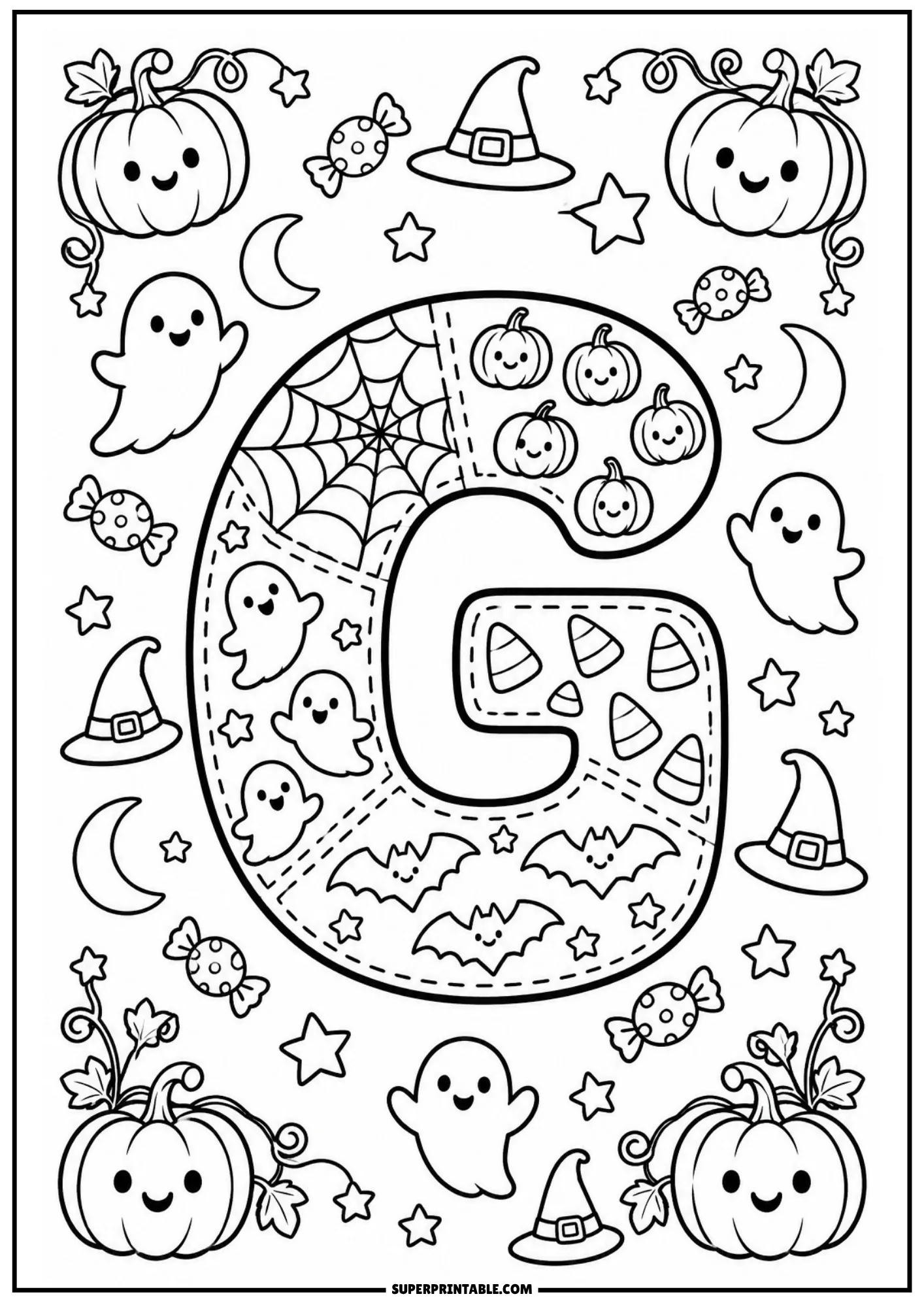 Halloween patchwork letter G coloring sheet with cobweb patterns and friendly pumpkins