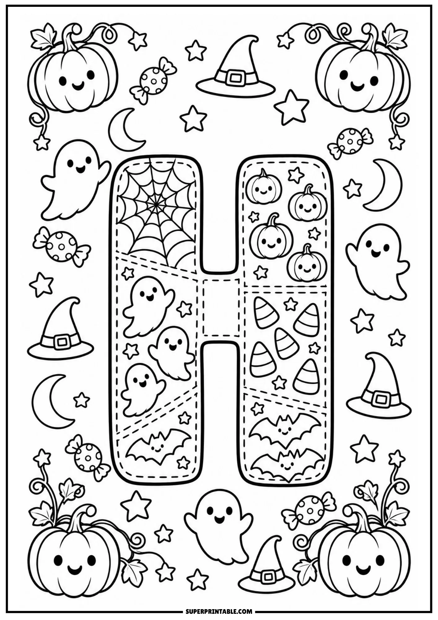 Patchwork letter H coloring sheet with stitched Halloween motifs, ghosts, and candy corn