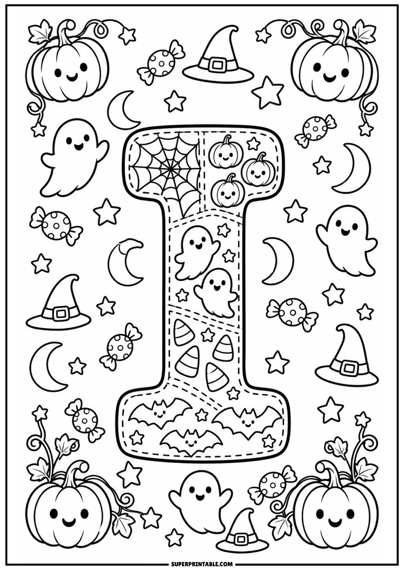 Stitched patchwork letter I coloring page decorated with bats, candy corn, and pumpkins