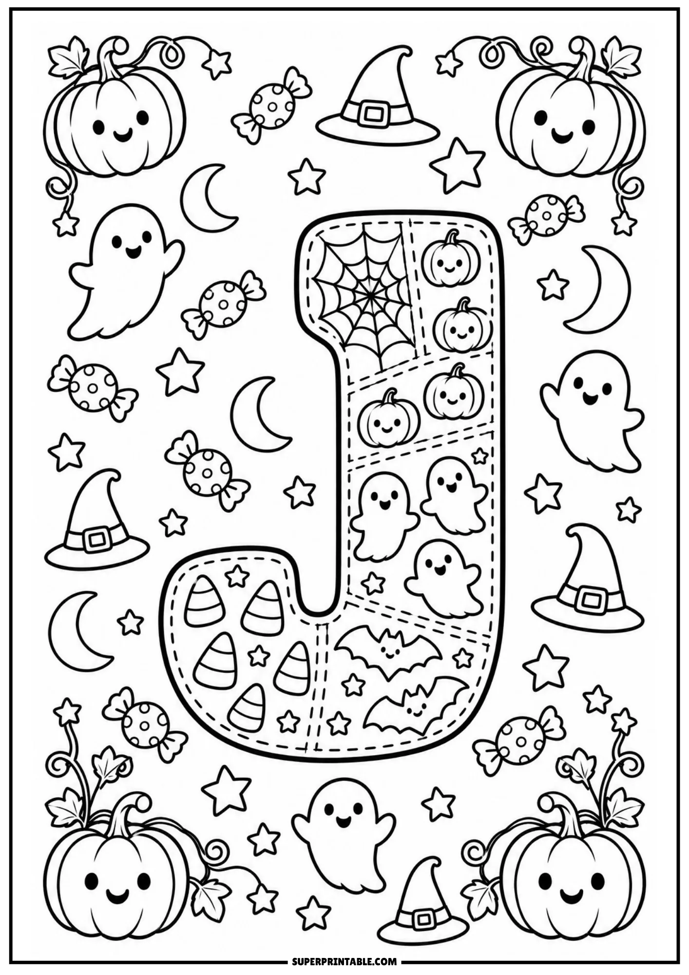 Patchwork letter J coloring printable with happy ghosts, candy corn, and pumpkin patches