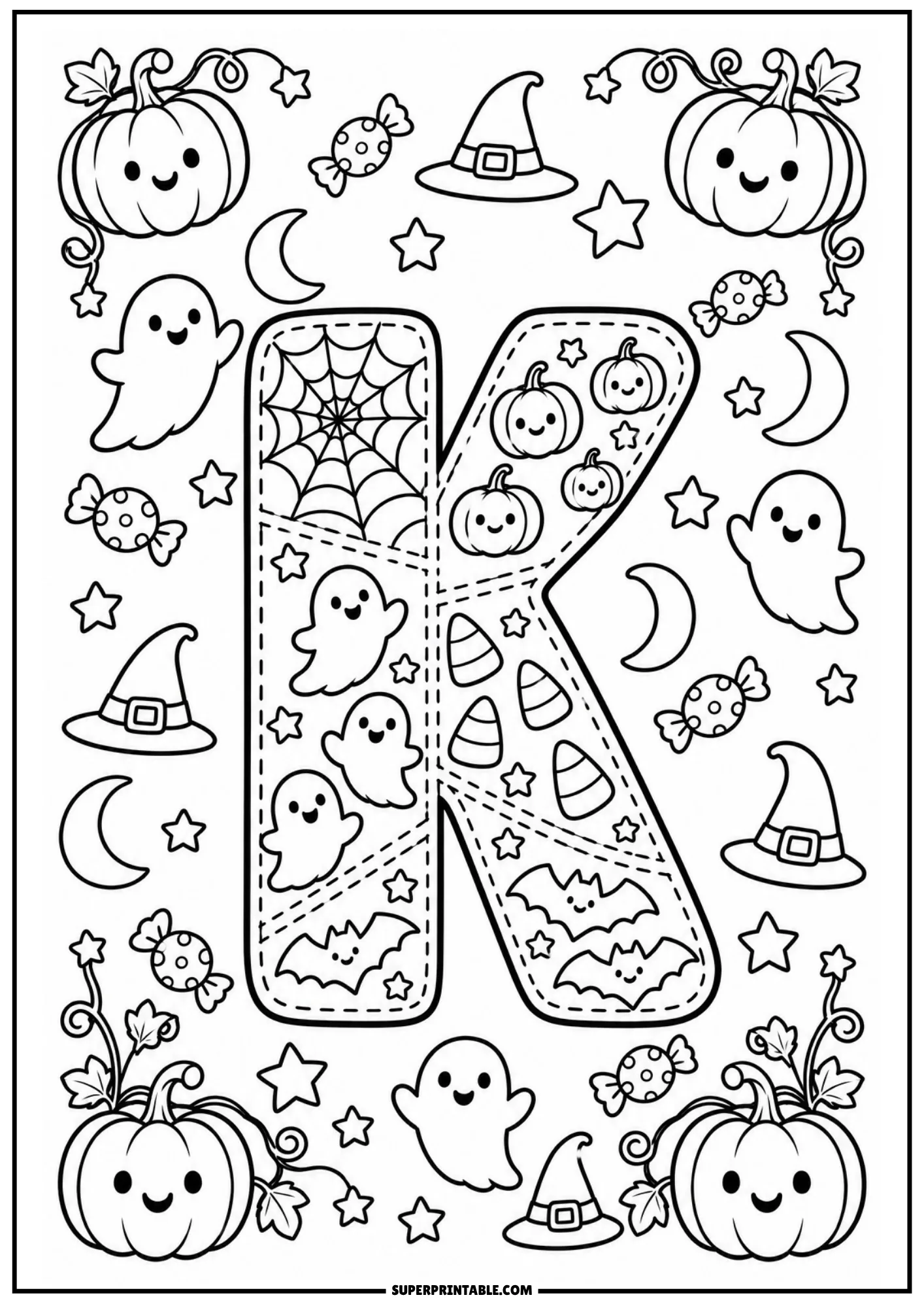 Halloween patchwork letter K coloring sheet featuring playful bats, cobwebs, and ghosts