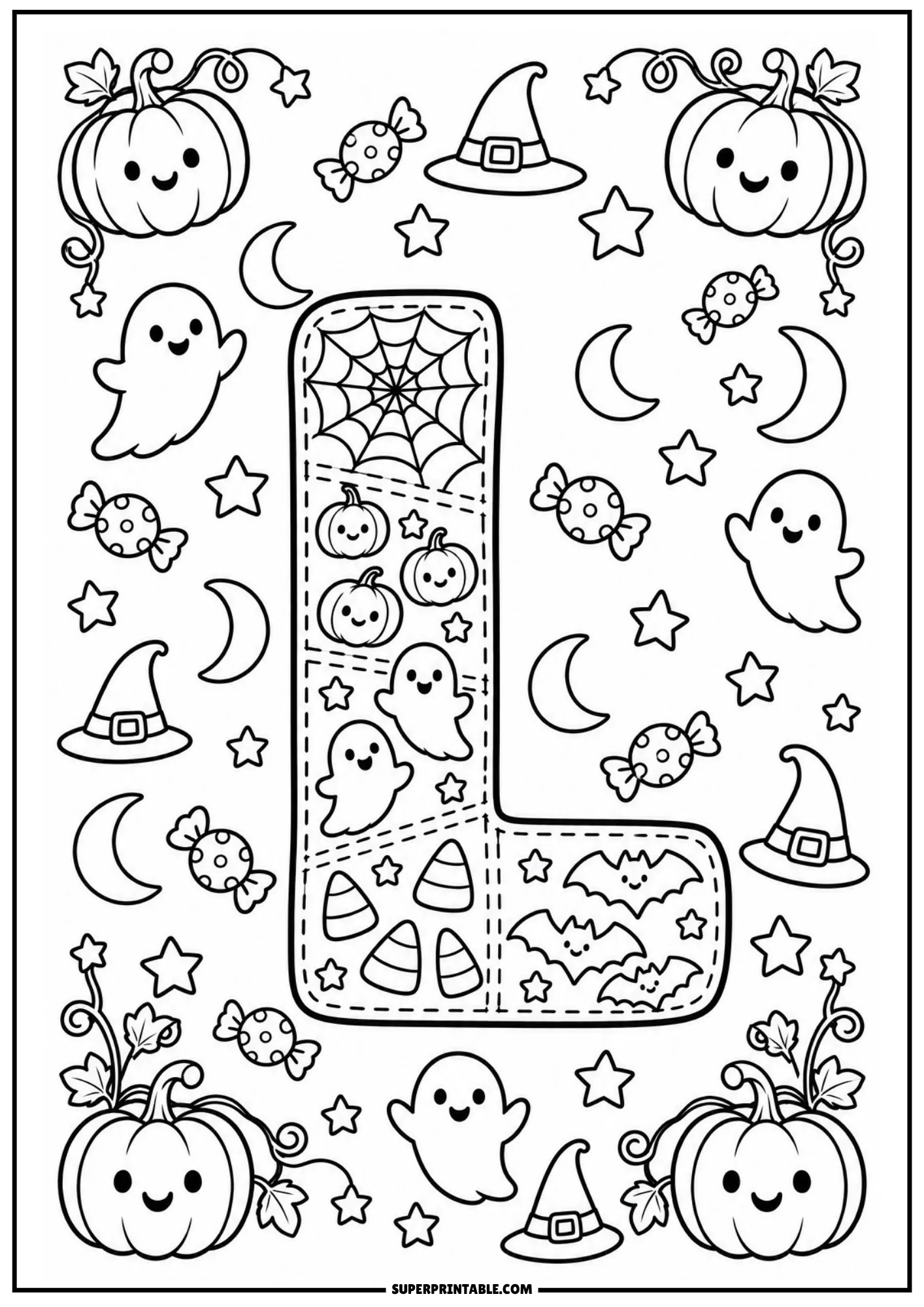 Stitched patchwork letter L coloring page with candy corn, smiling ghosts, and pumpkins