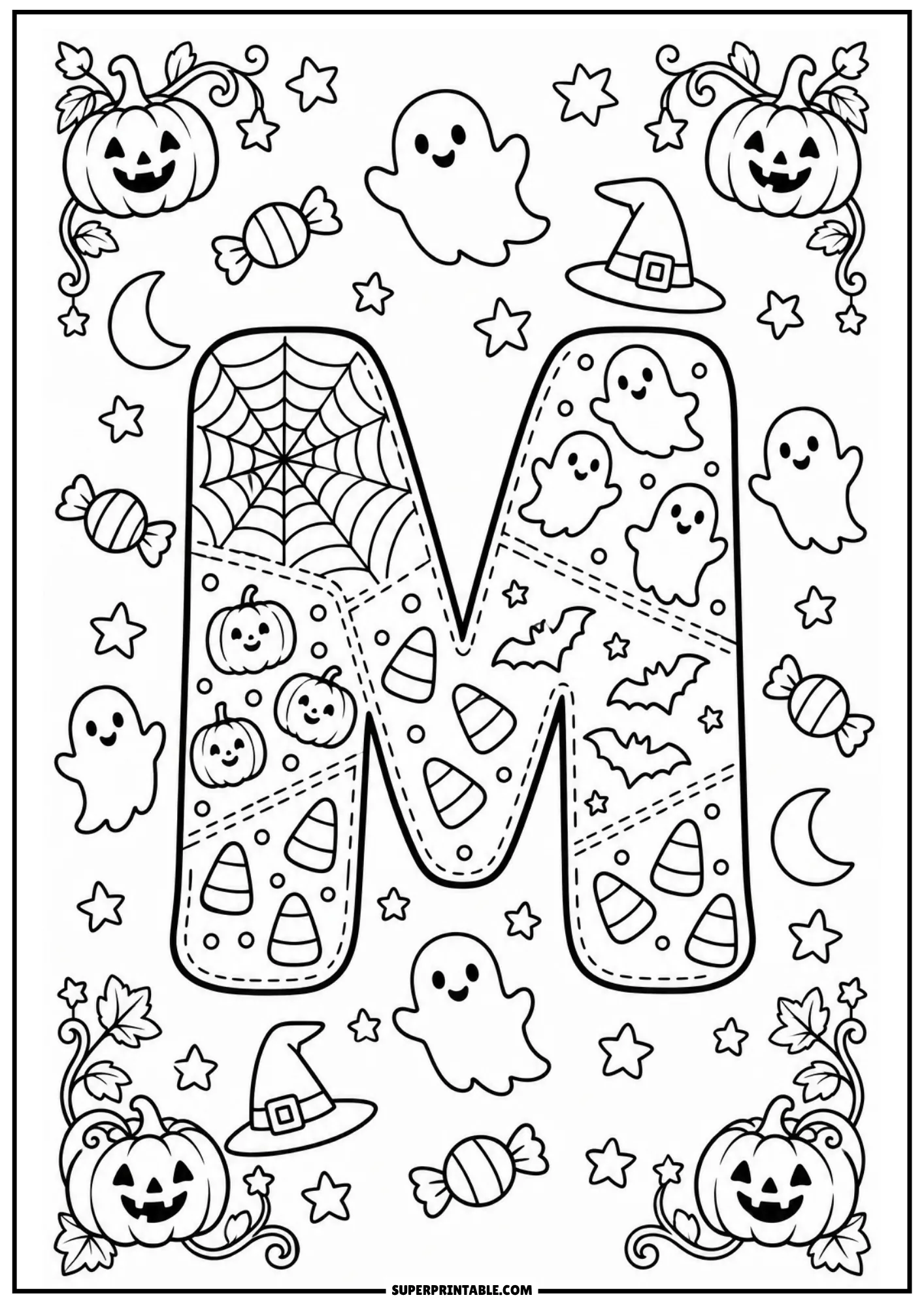 Patchwork letter M coloring printable with cobweb patterns, friendly ghosts, and treats