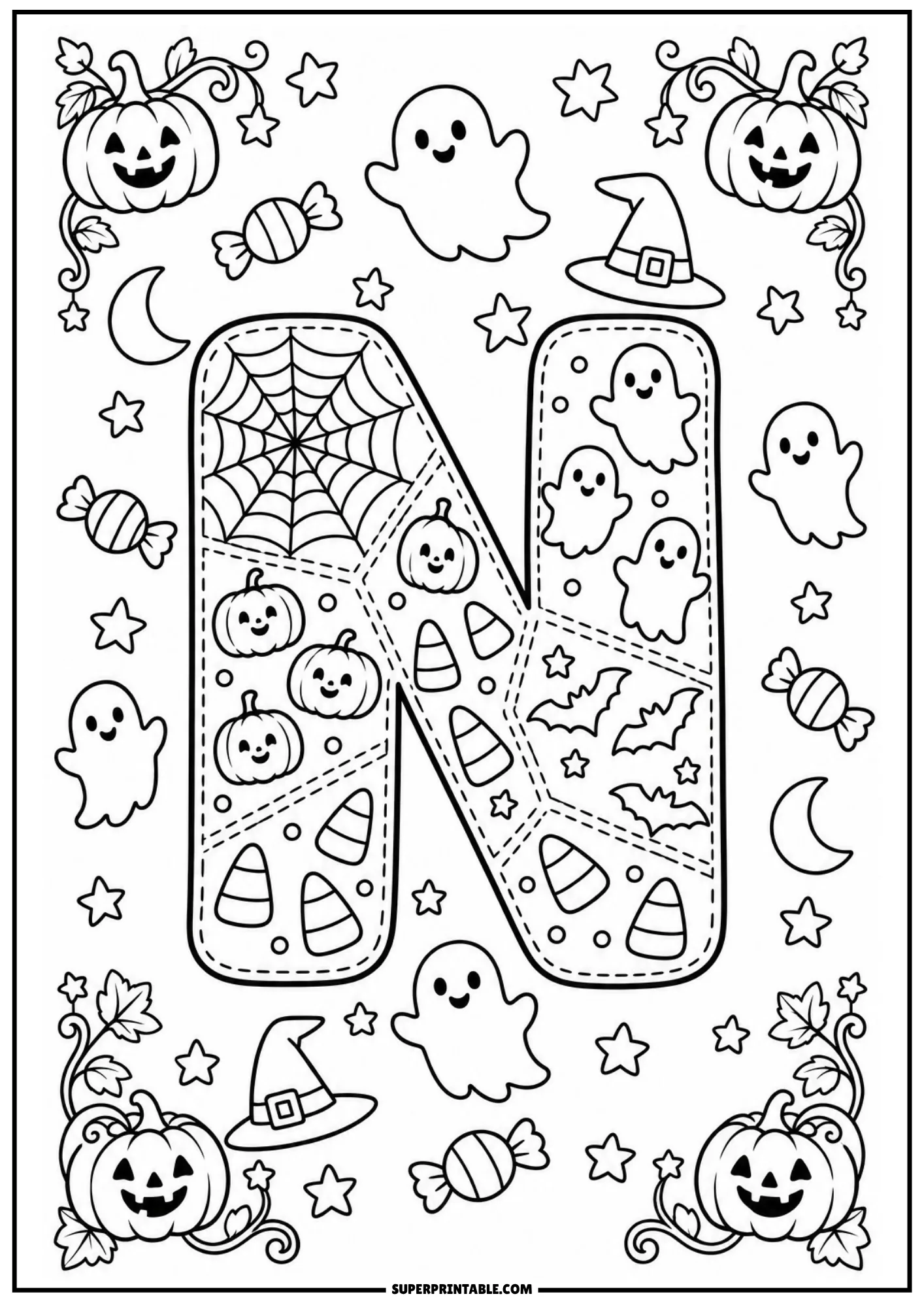 Halloween patchwork letter N coloring sheet with stitched pumpkin, ghost, and bat panels