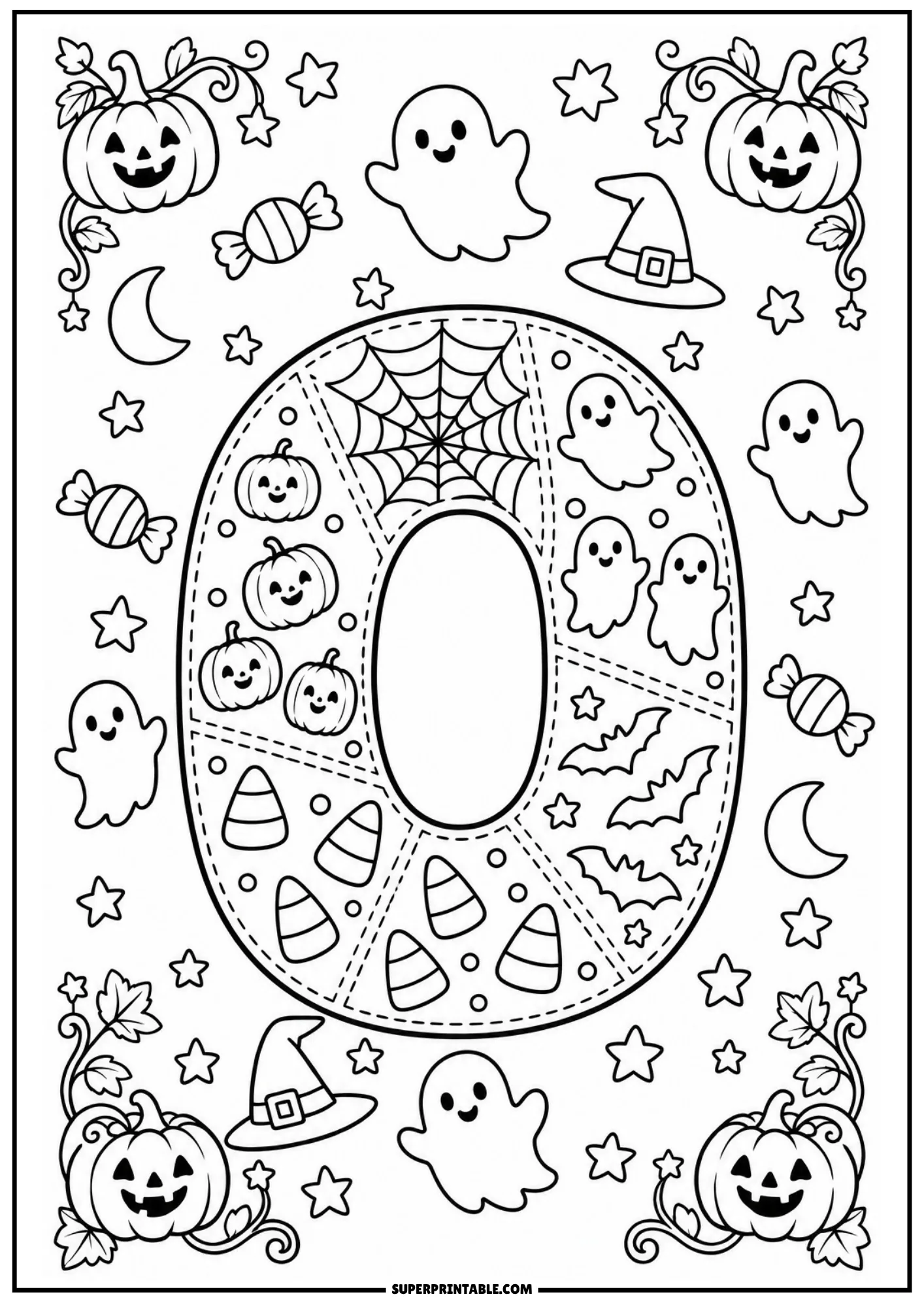 Stitched patchwork letter O coloring printable featuring round pumpkin and ghost panels