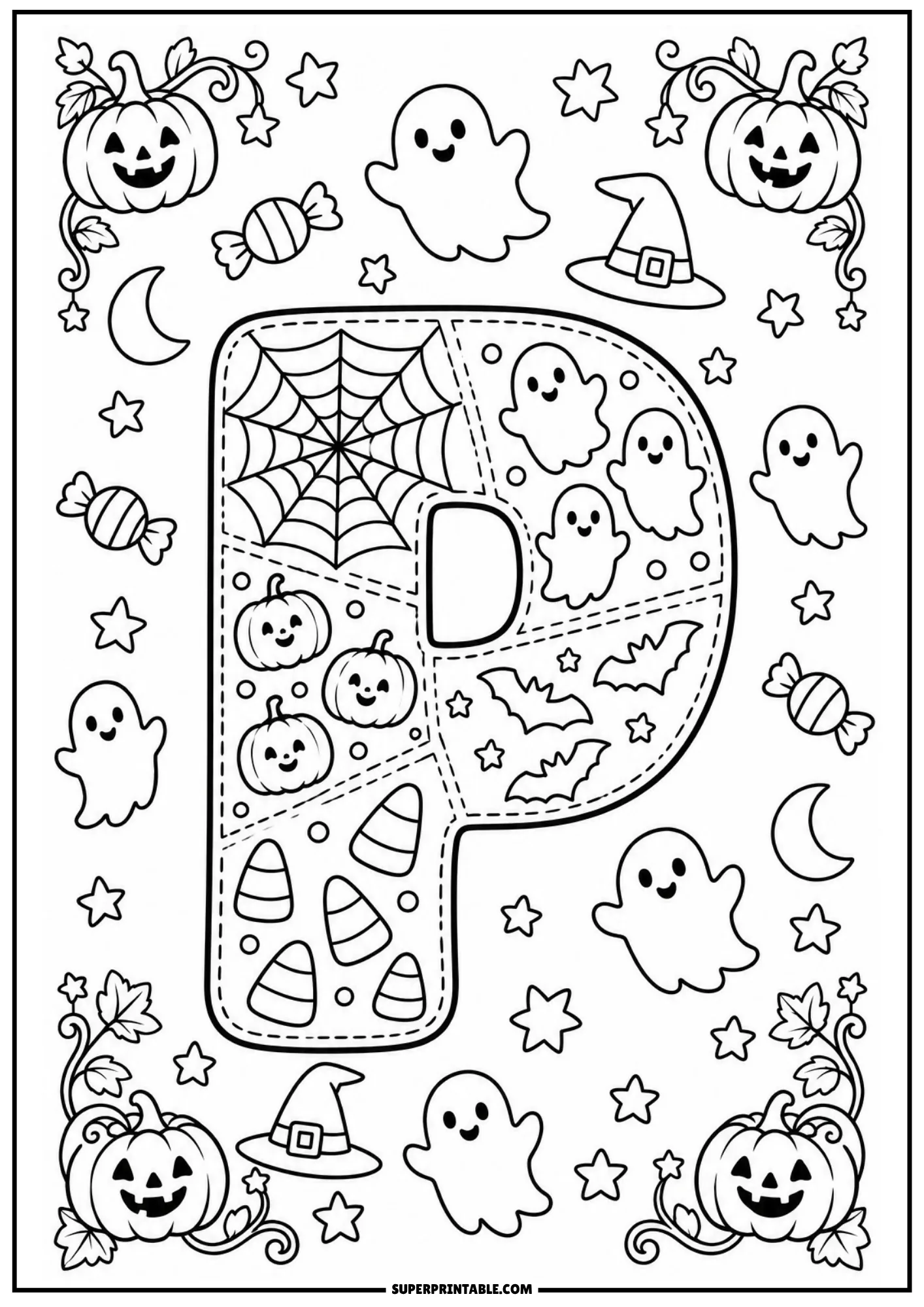 Patchwork letter P coloring sheet decorated with sweet candy corn, bats, and pumpkins
