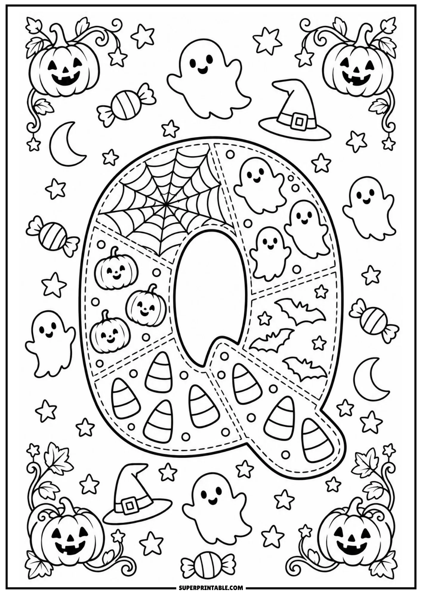 Halloween patchwork letter Q coloring page with cobweb sections and cute little ghosts