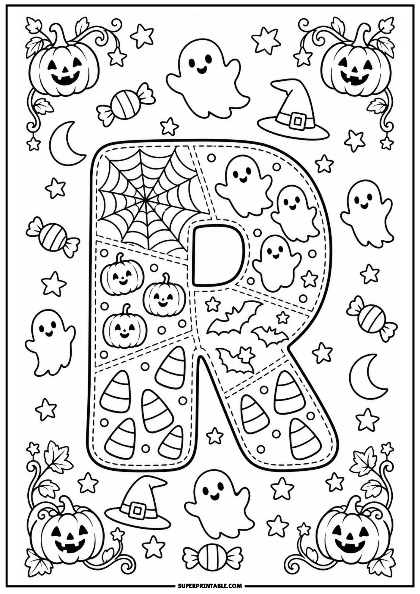Stitched patchwork letter R coloring sheet with happy pumpkins, candy corn, and bats