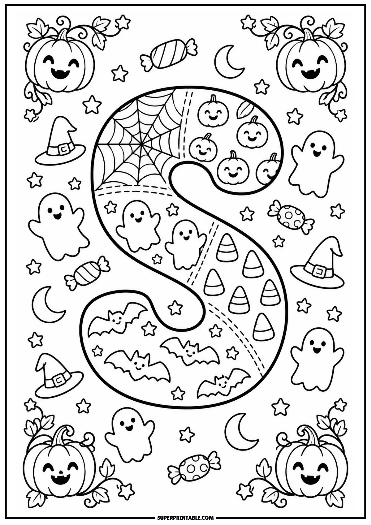 Patchwork letter S coloring printable with winding Halloween panels, ghosts, and bats