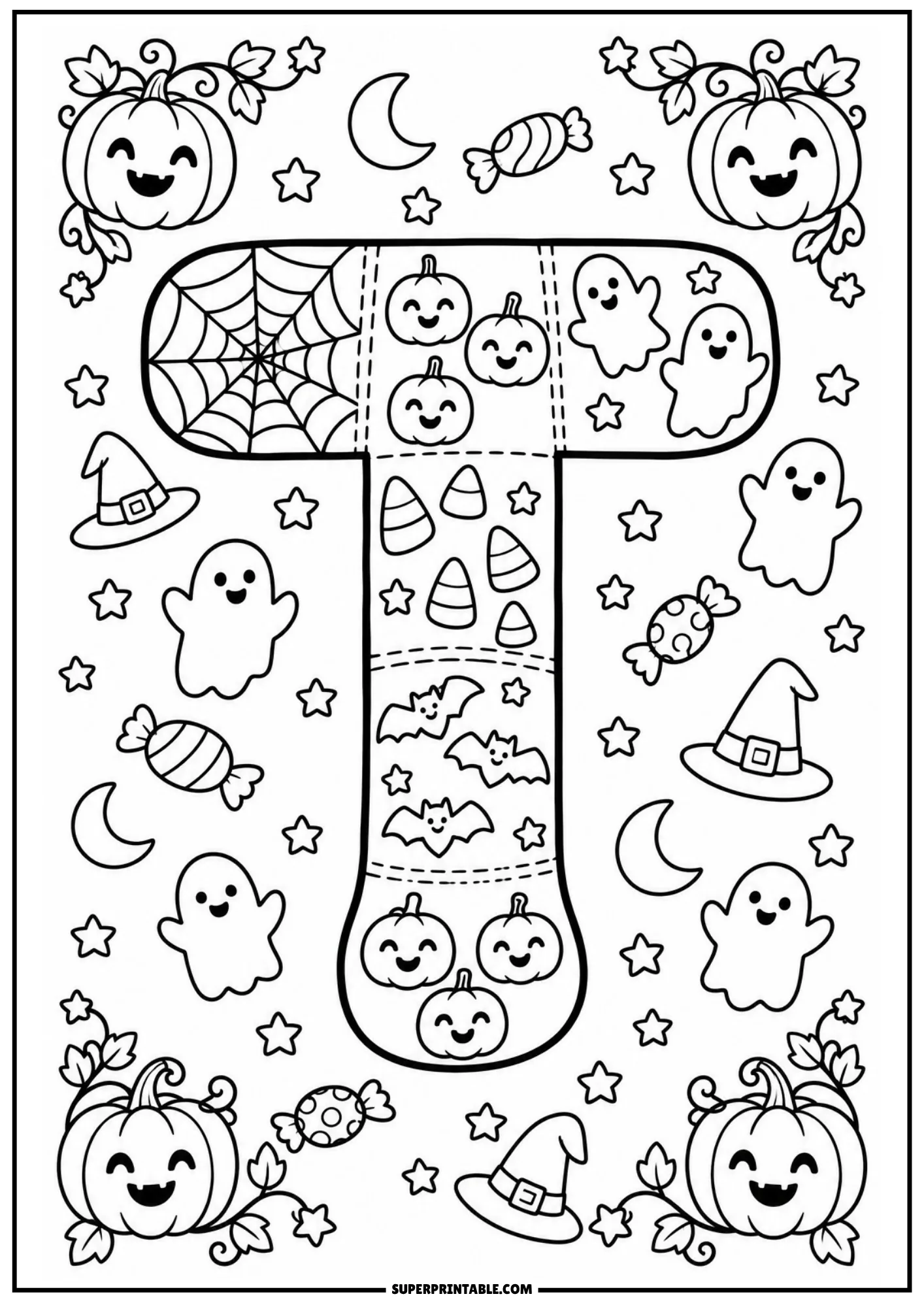 Halloween patchwork letter T coloring page featuring stitched cobwebs and pumpkin faces