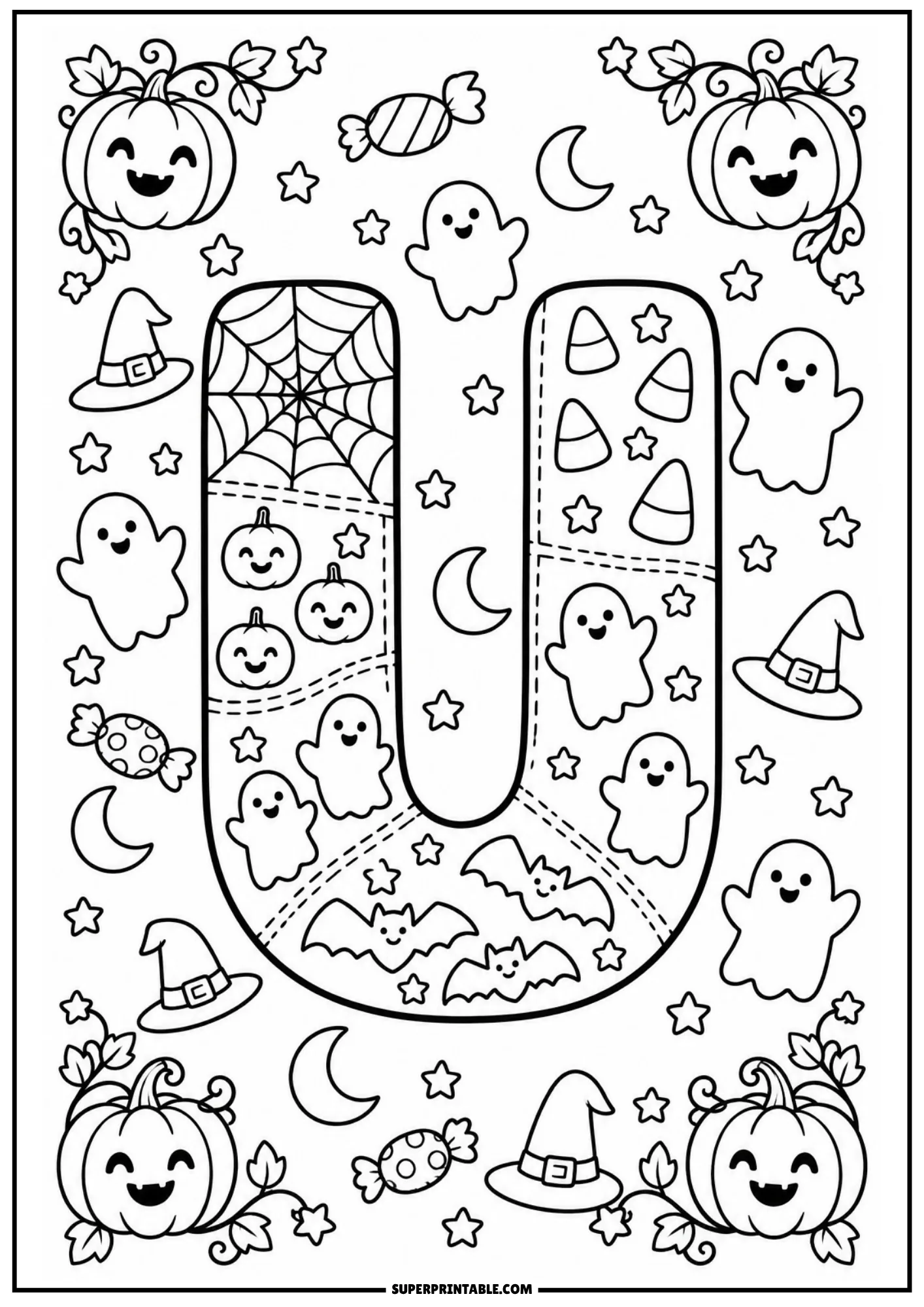 Stitched patchwork letter U coloring sheet with friendly ghosts, candy corn, and stars