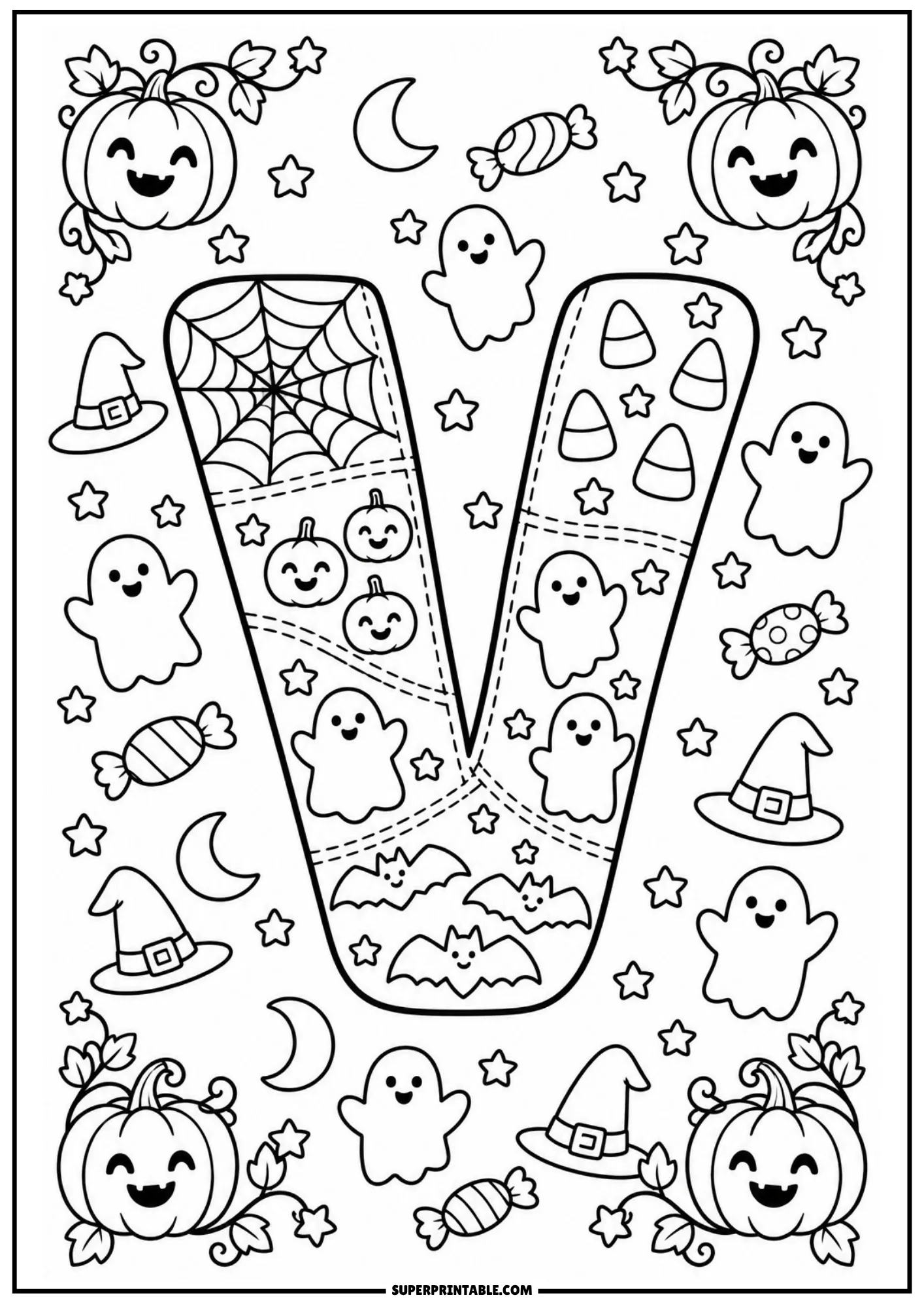 Patchwork letter V coloring printable decorated with smiling pumpkins, bats, and sweets