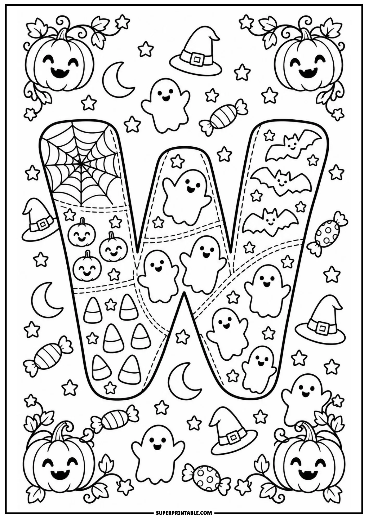 Halloween patchwork letter W coloring page with stitched cobwebs, ghosts, and candies