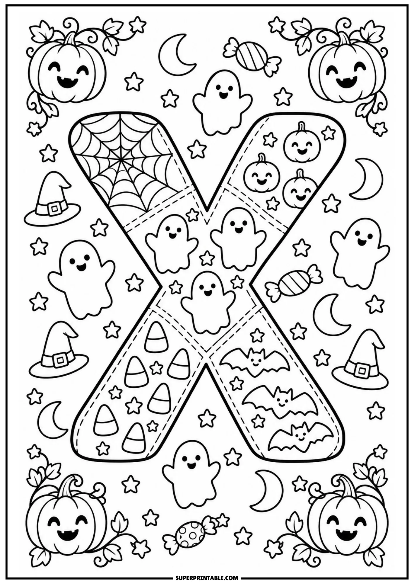 Stitched patchwork letter X coloring printable featuring playful bats, ghosts, and treats