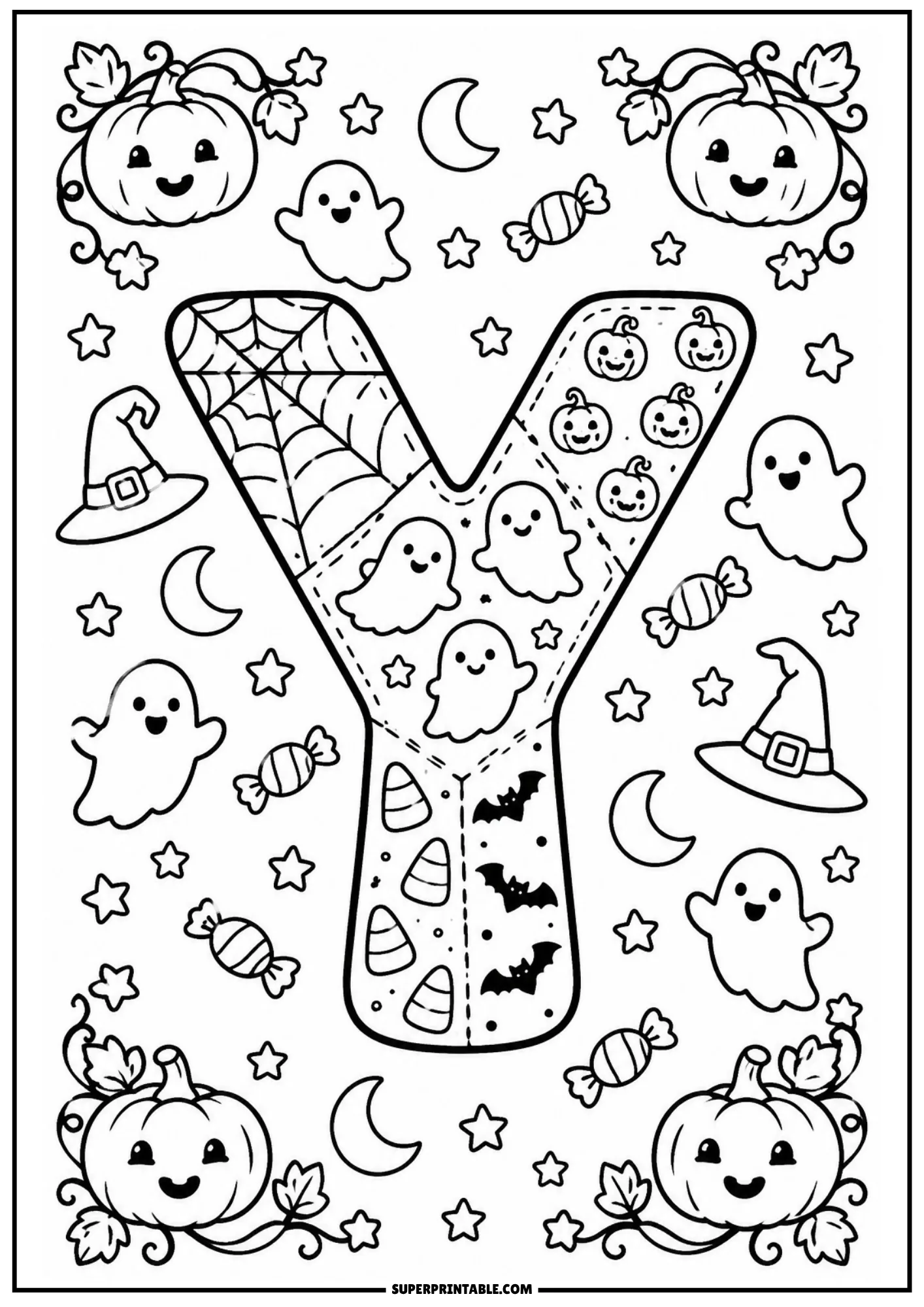 Patchwork letter Y coloring sheet with stitched pumpkin faces, flying bats, and sweets