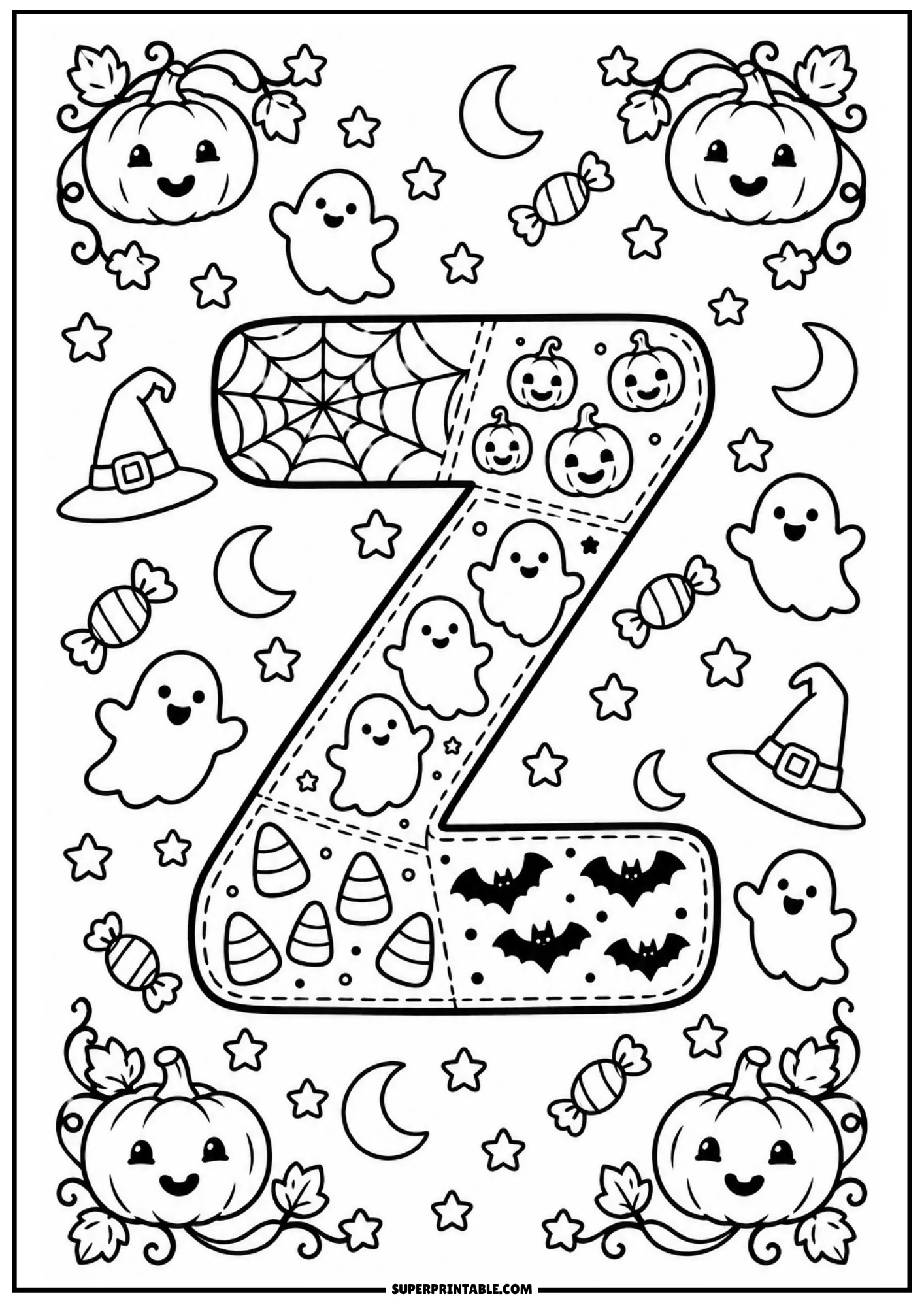 Patchwork letter Z sheet from halloween alphabet coloring pages with cute bats and jack-o-lanterns