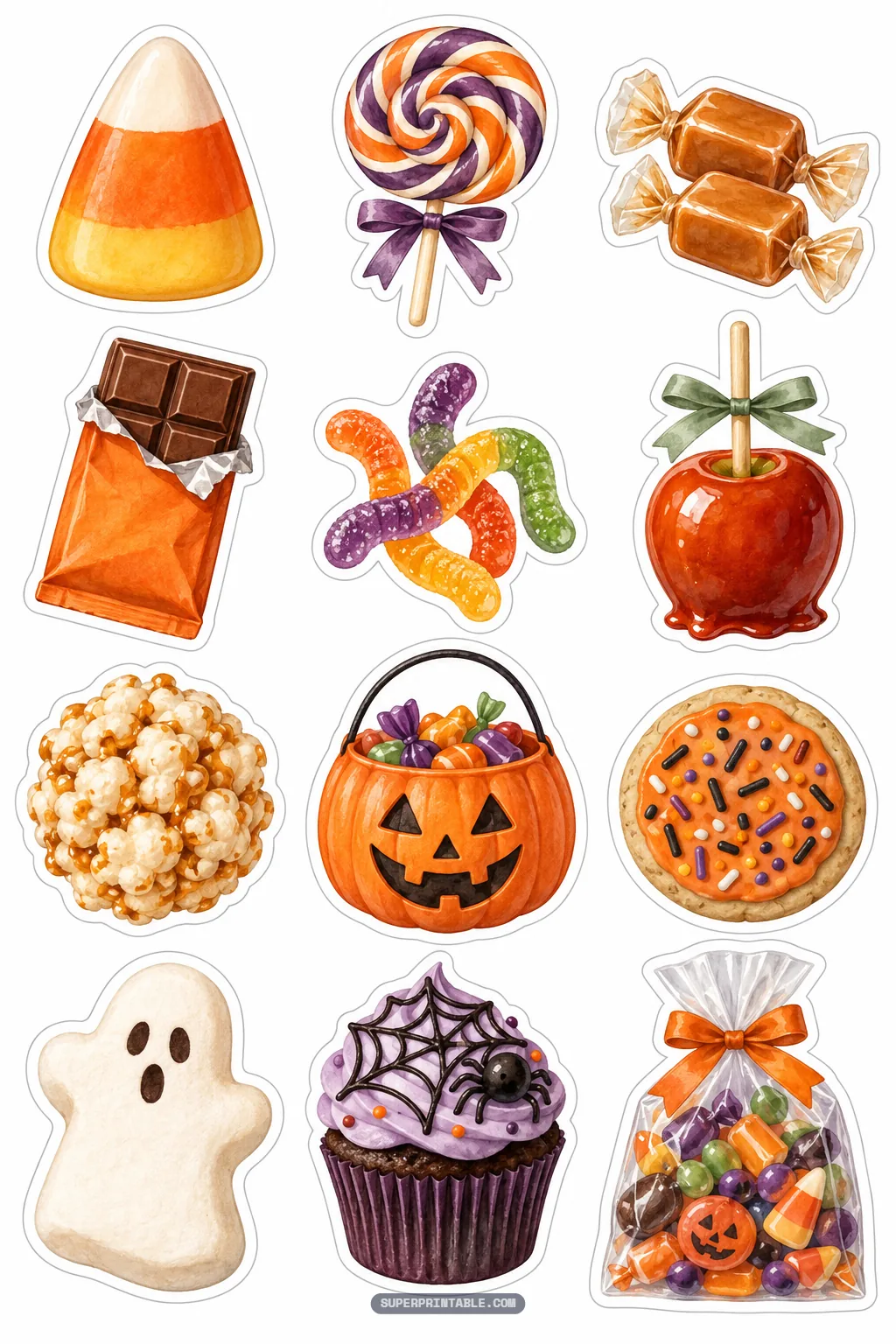 Sweet halloween treat stickers showing candy apples, candy corn, cupcakes with spiderwebs, and caramel popcorn