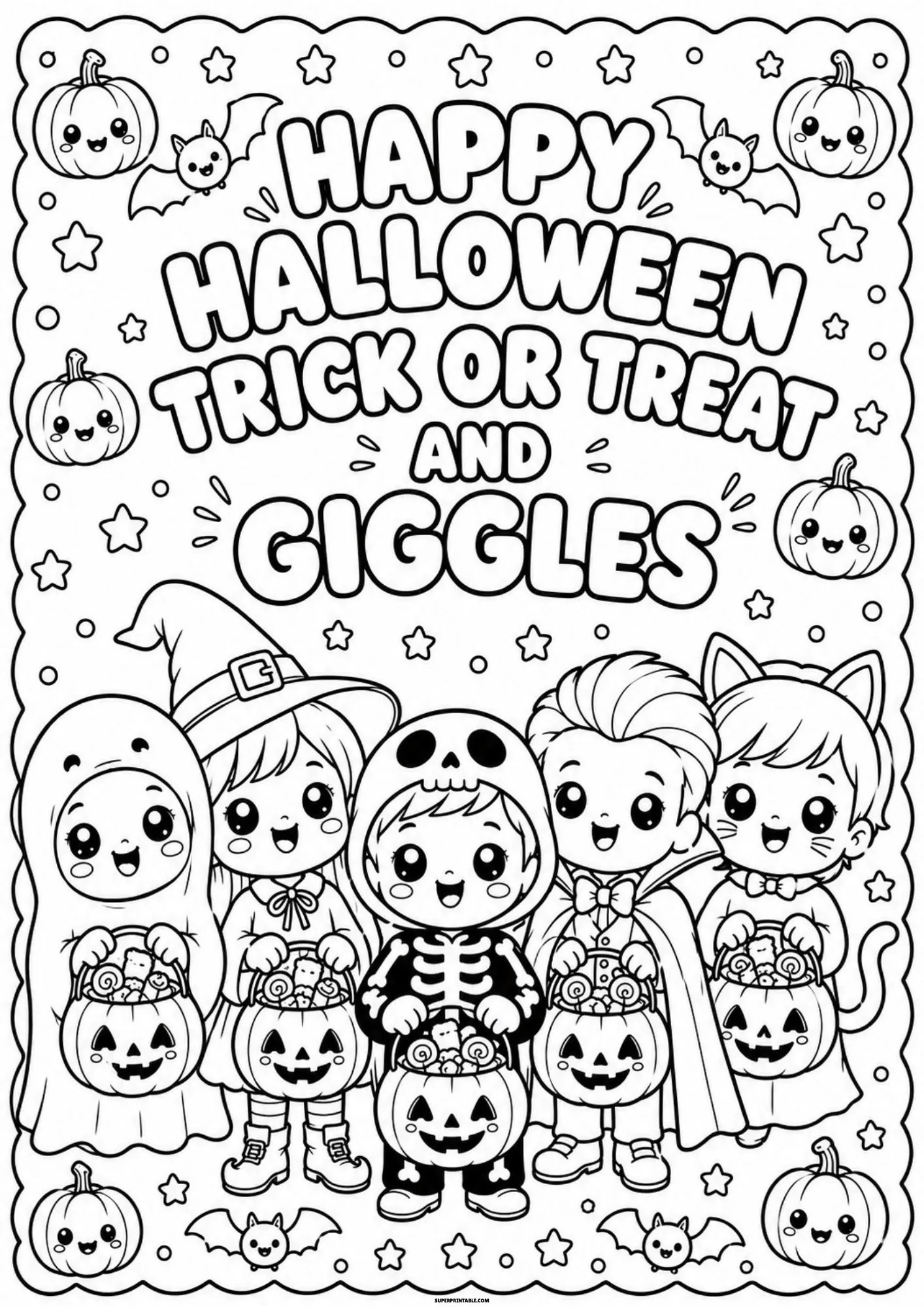 Printable halloween jokes coloring pages with costumed kids trick or treating.