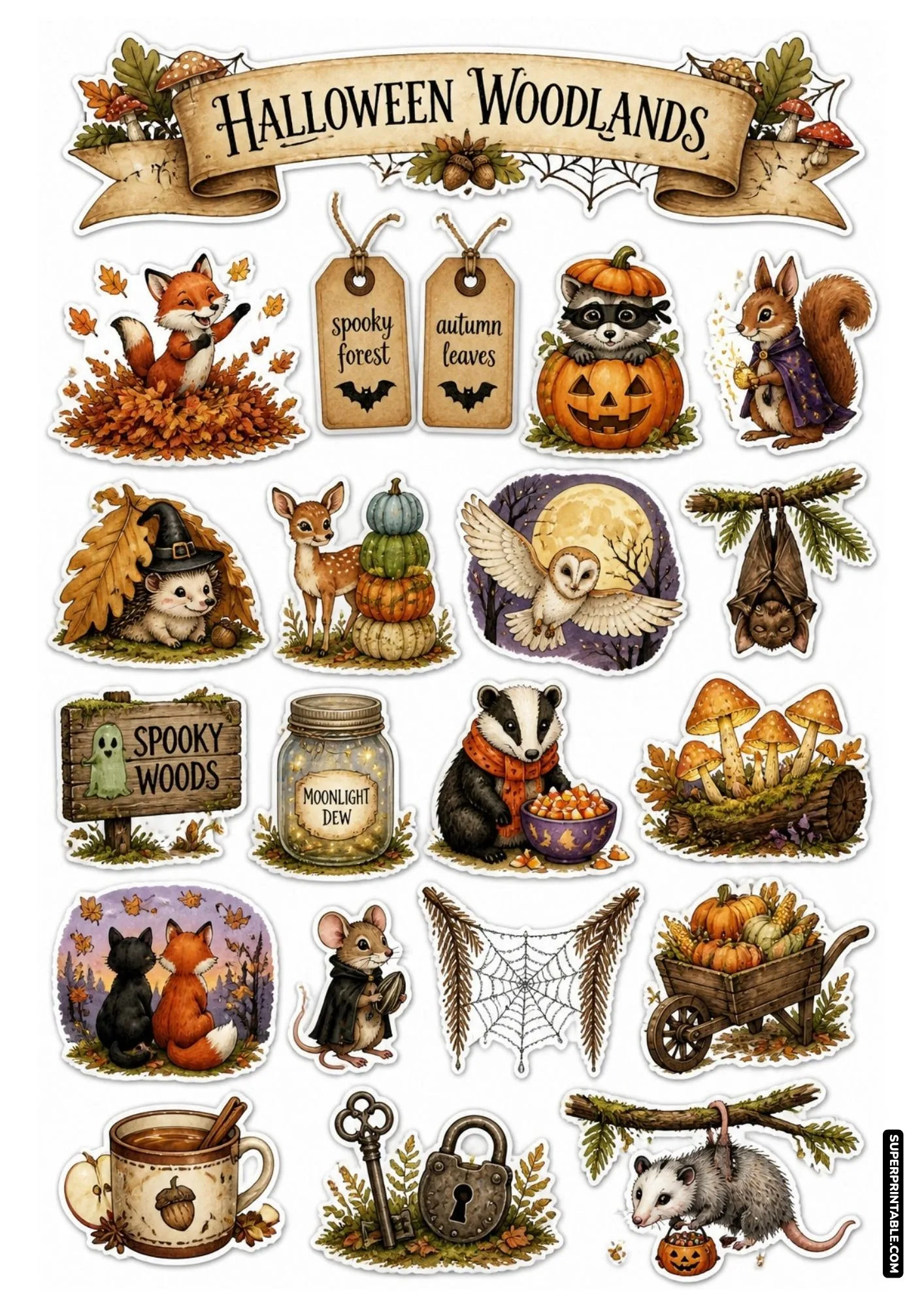 Spooky woodland animals sticker sheet with raccoons in pumpkins and halloween bats.