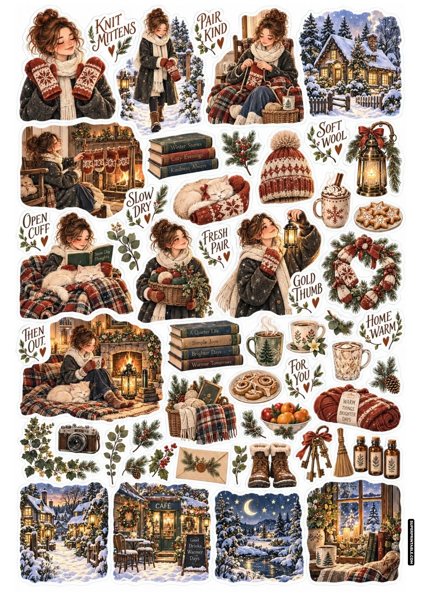 Fireside winter crafting stickers showcasing hand-knit patterned mittens, yarn skeins, and cozy wool sweaters.