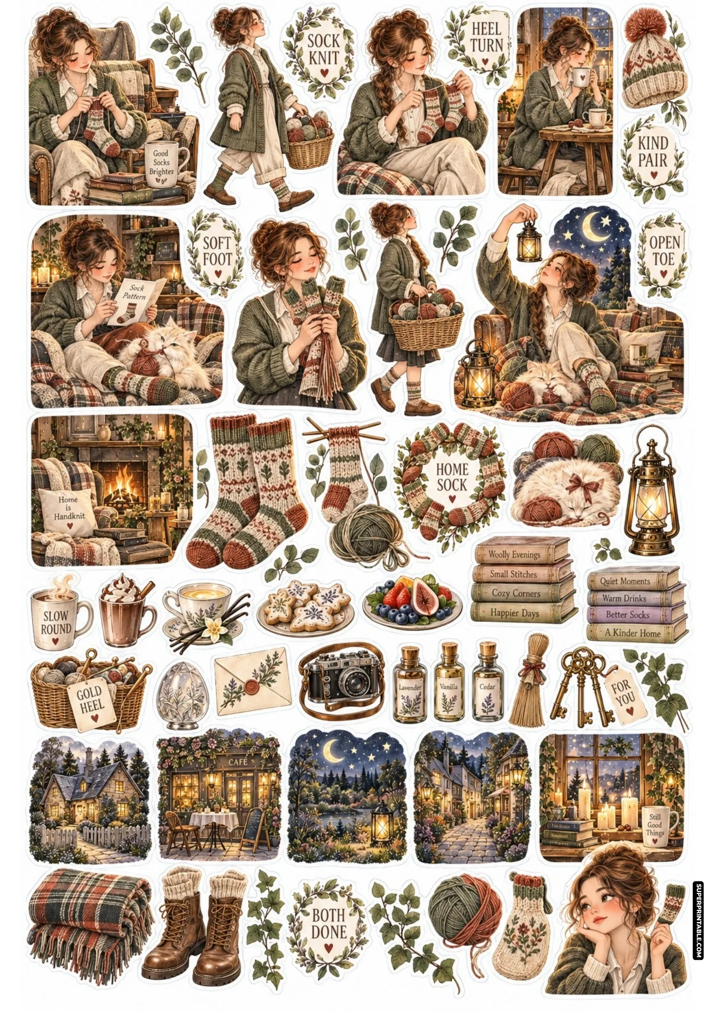 Hand-knit sock sticker sheet with cozy wool socks, yarn wreaths, leather boots, hot cocoa mugs, and sleeping pets