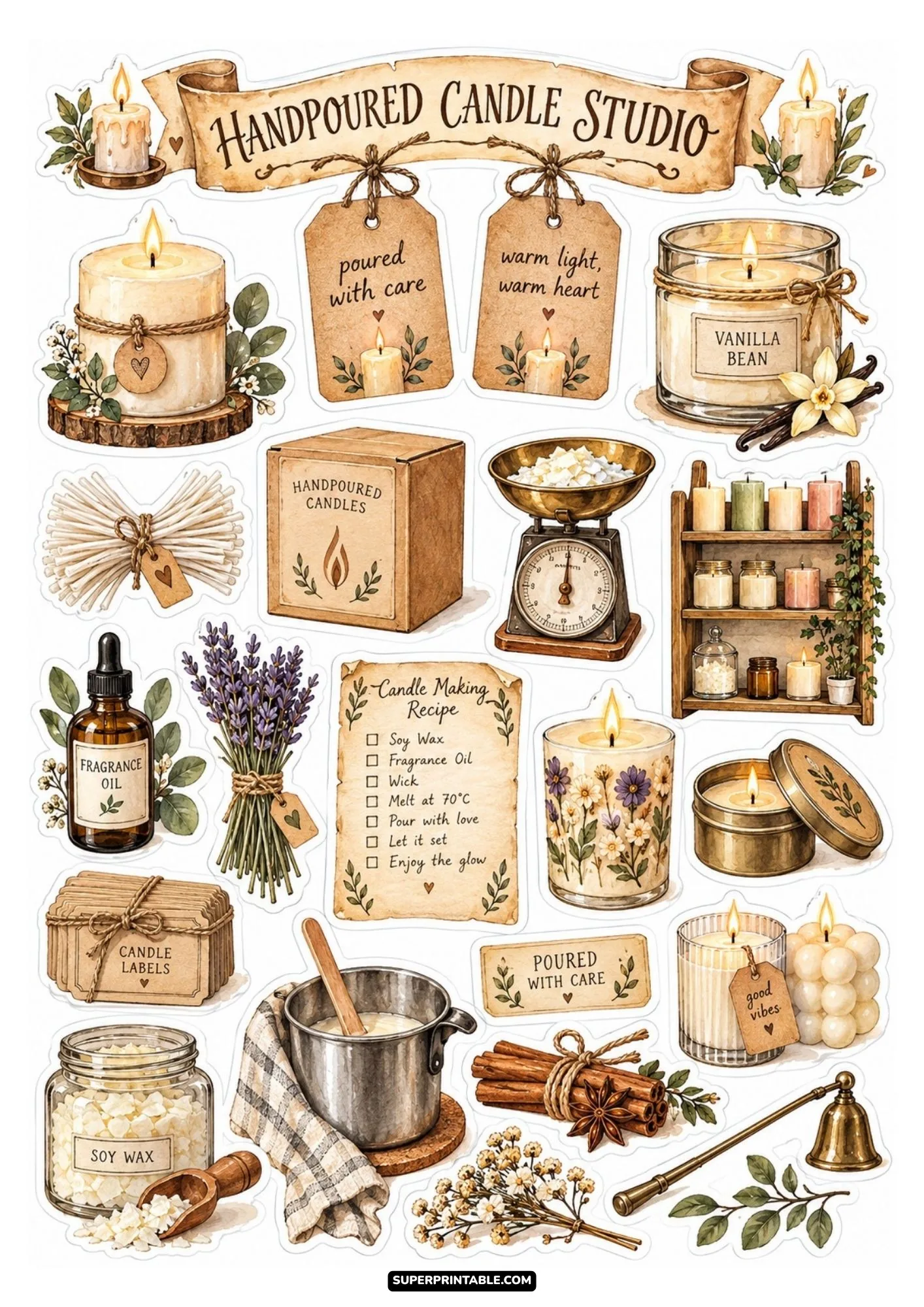 Handpoured candle sticker sheets design featuring vanilla bean candles, wax melting pot, and artisan craft tools.