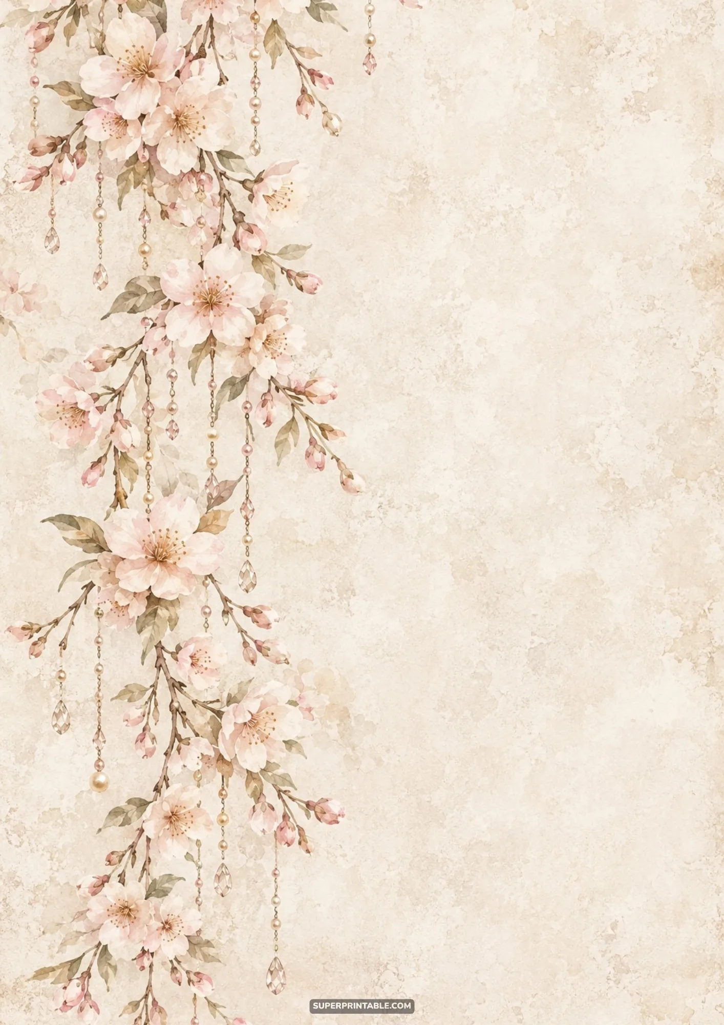 Cascading flower branches adorned with crystal pendants and bead chains down the left side