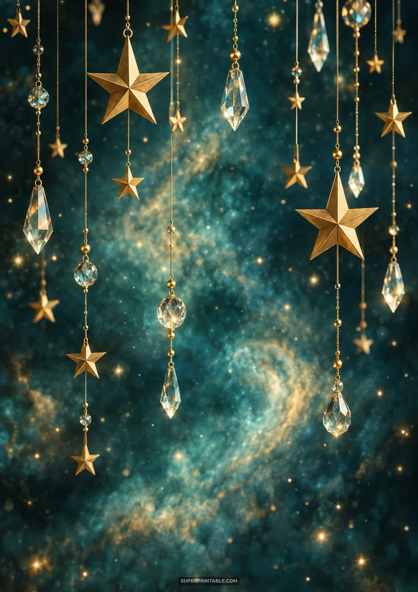 Delicate gold stars and faceted crystal pendants hanging against deep teal celestial galaxy backgrounds