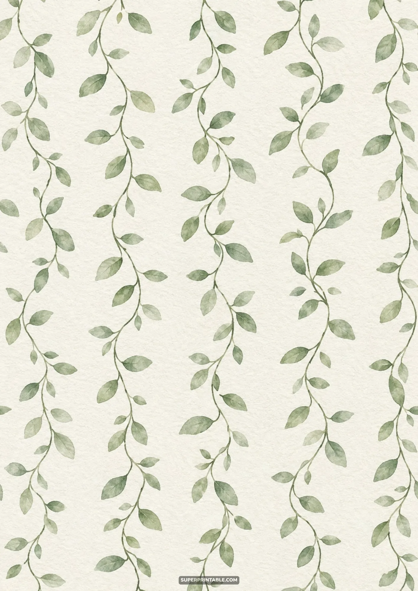 Trailing green watercolor vine garlands hanging vertically in stripes on cream paper